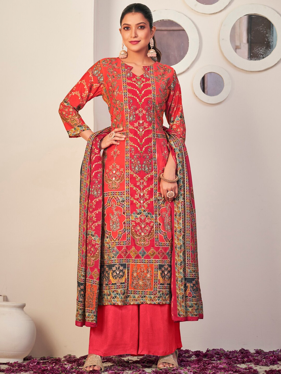 

Stylee LIFESTYLE Printed Pure Silk Unstitched Dress Material, Red