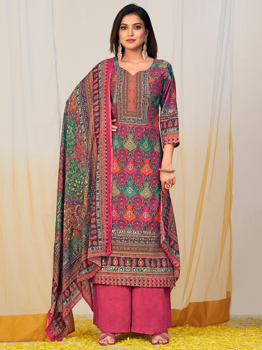 

Stylee LIFESTYLE Printed Pure Silk Unstitched Dress Material, Pink