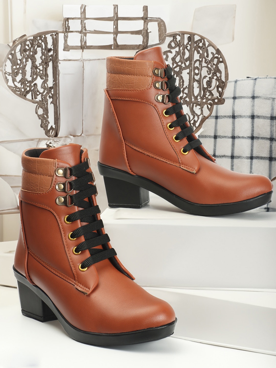 

The Roadster Lifestyle Co. Women Block Heeled Mid-Top Chunky Boots, Tan