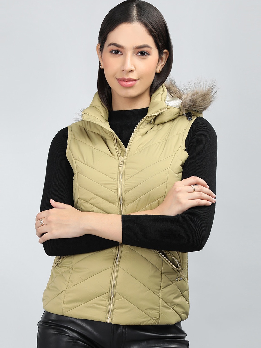 

LURE URBAN Hooded Faux Fur Trim Detail Padded Jacket, Lime green