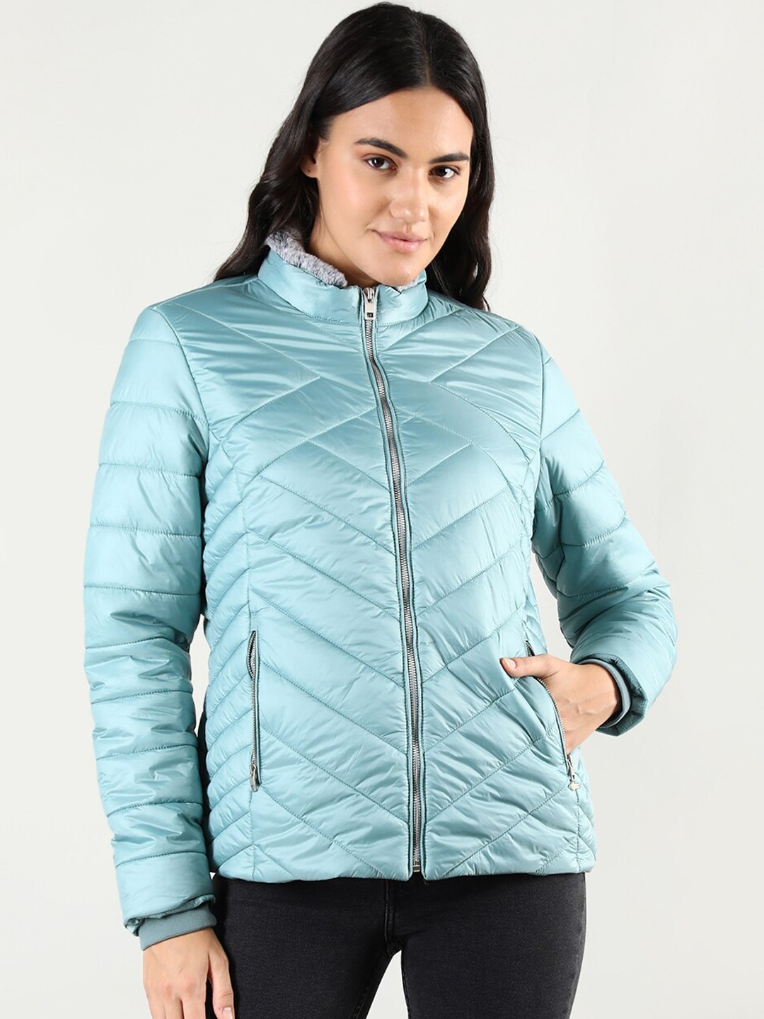 

LURE URBAN Mock Collar Faux Fur Trim Detail Padded Jacket, Blue