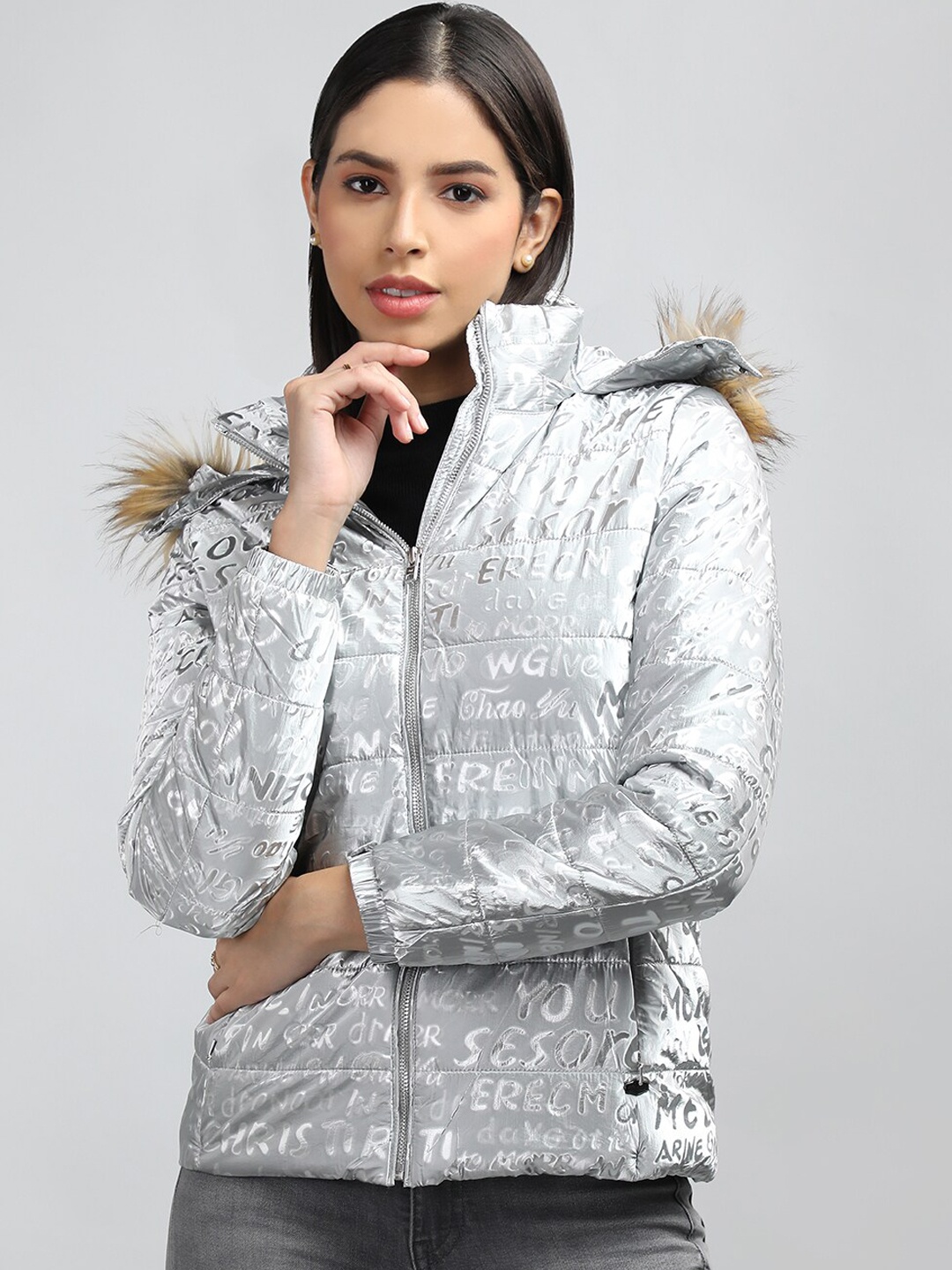 

LURE URBAN Typography Printed Faux Fur Trim Puffer Jacket, Silver