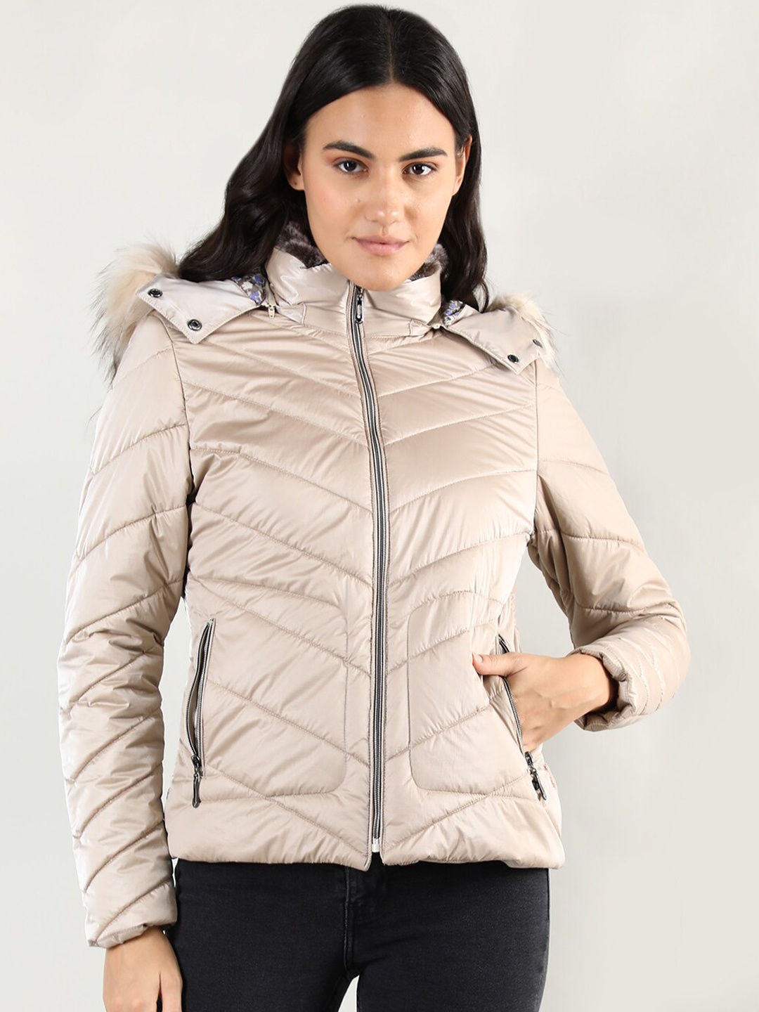 

LURE URBAN Hooded Faux Fur Trim Puffer Jacket, Beige