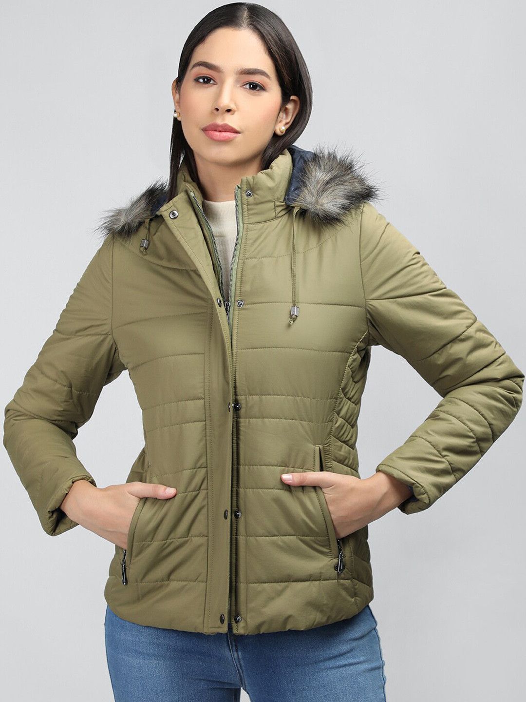 

LURE URBAN Hooded Faux Fur Trim Puffer Jacket, Green