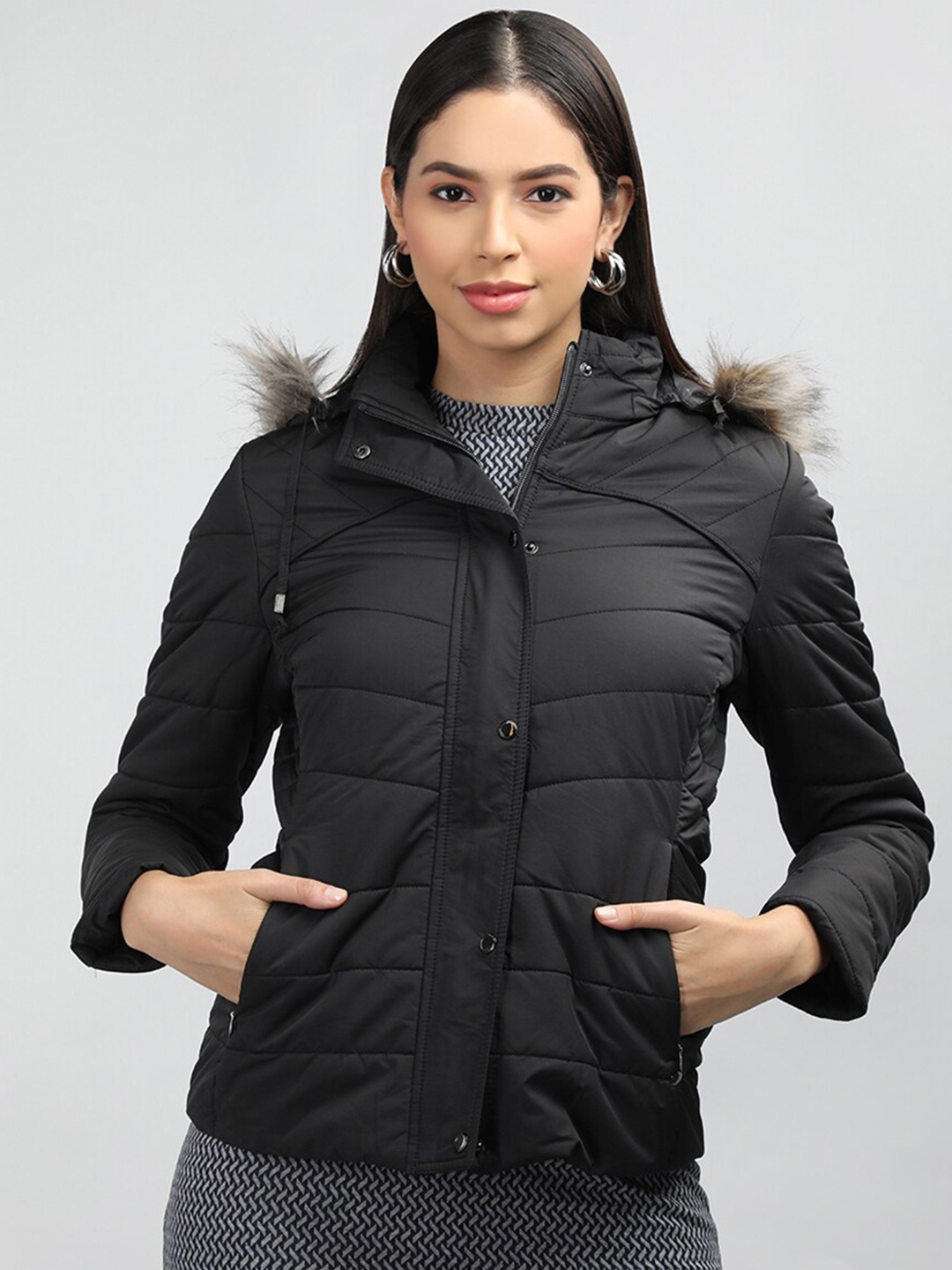 

LURE URBAN Hooded Faux Fur Trim Puffer Jacket, Black
