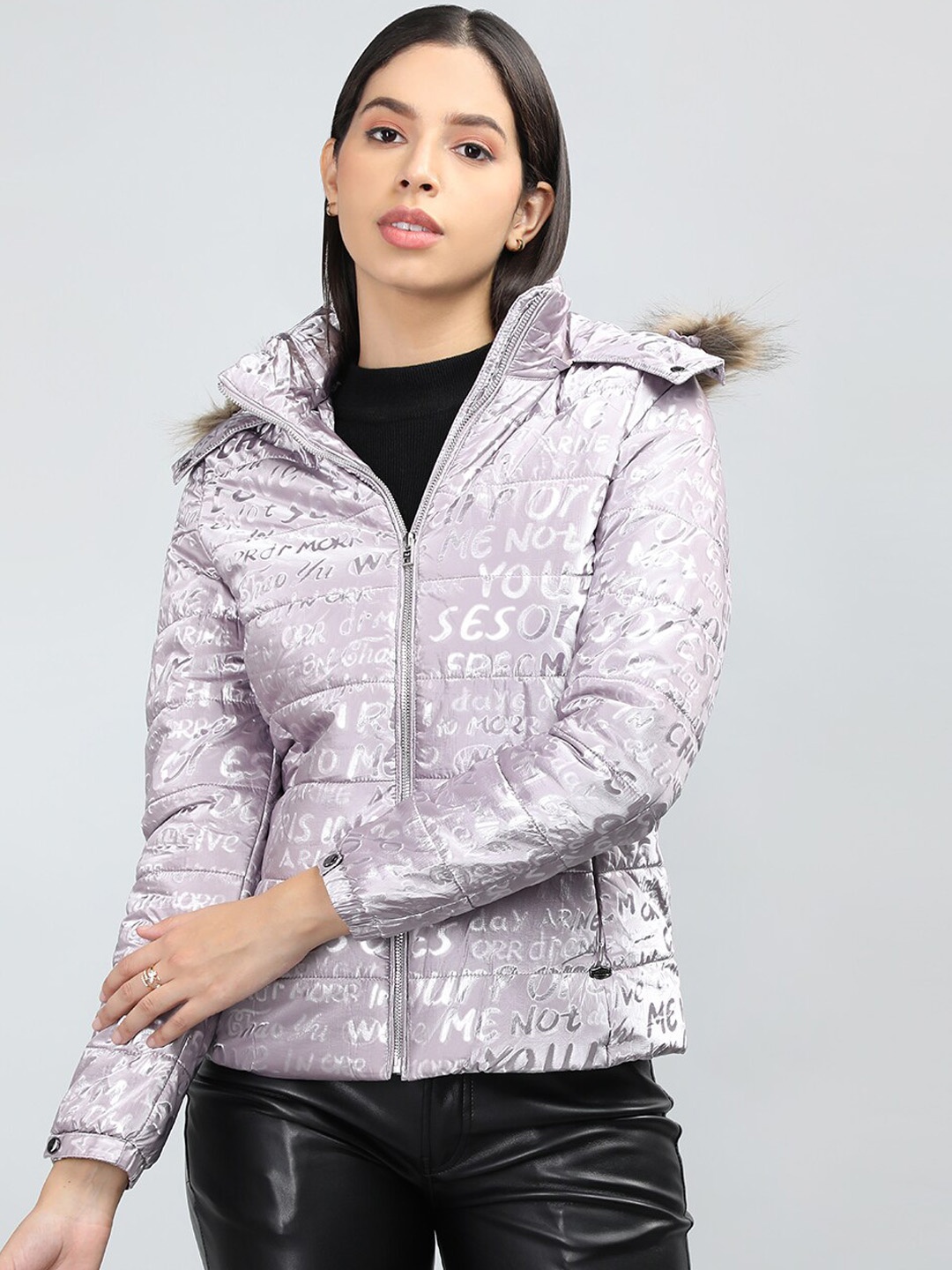 

LURE URBAN Typography Printed Hooded Parka Jacket, Lavender