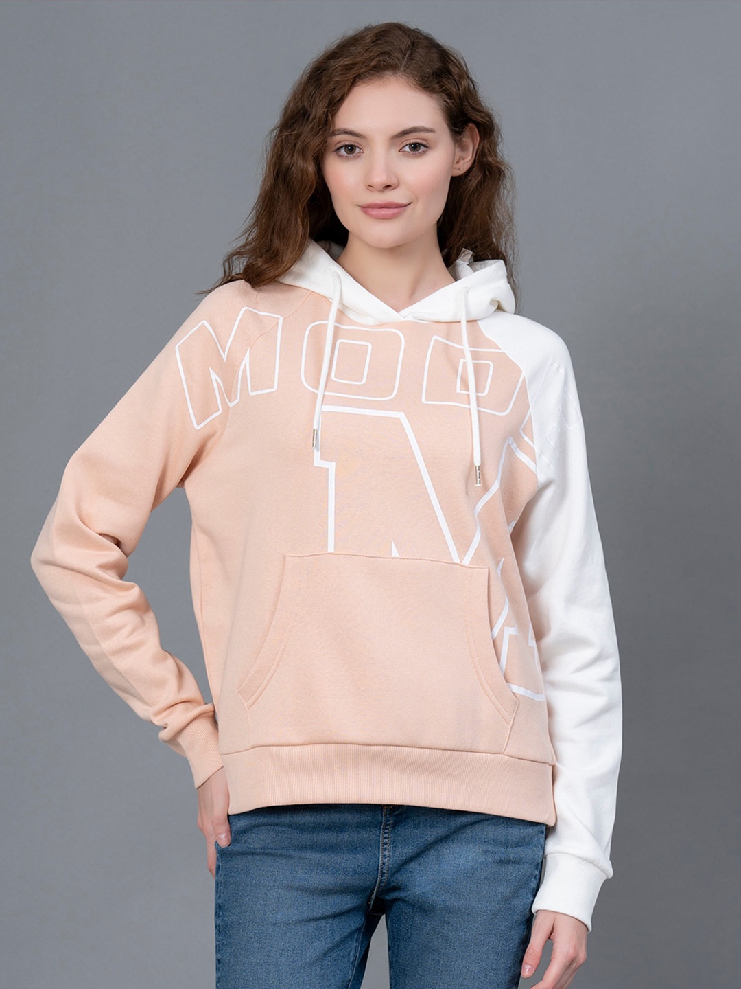 

Red Tape Typography Printed Hooded Fleece Sweatshirt, Peach