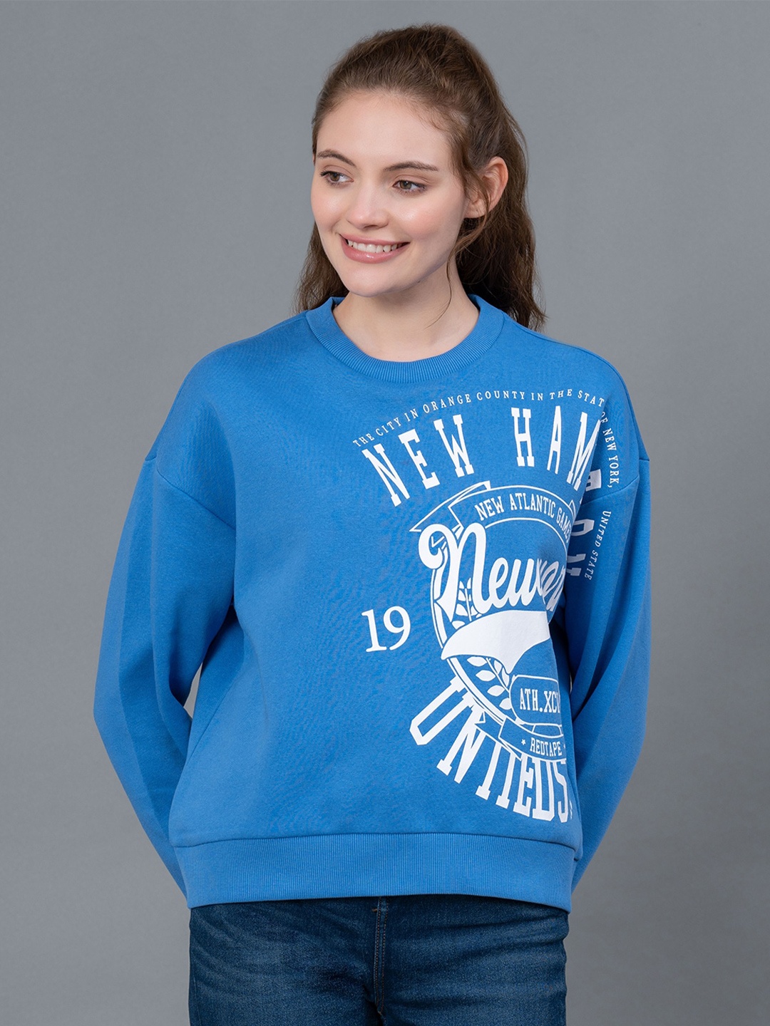 

Red Tape Typography Printed Round Neck Fleece Drop Shoulder Sleeves Sweatshirt, Blue
