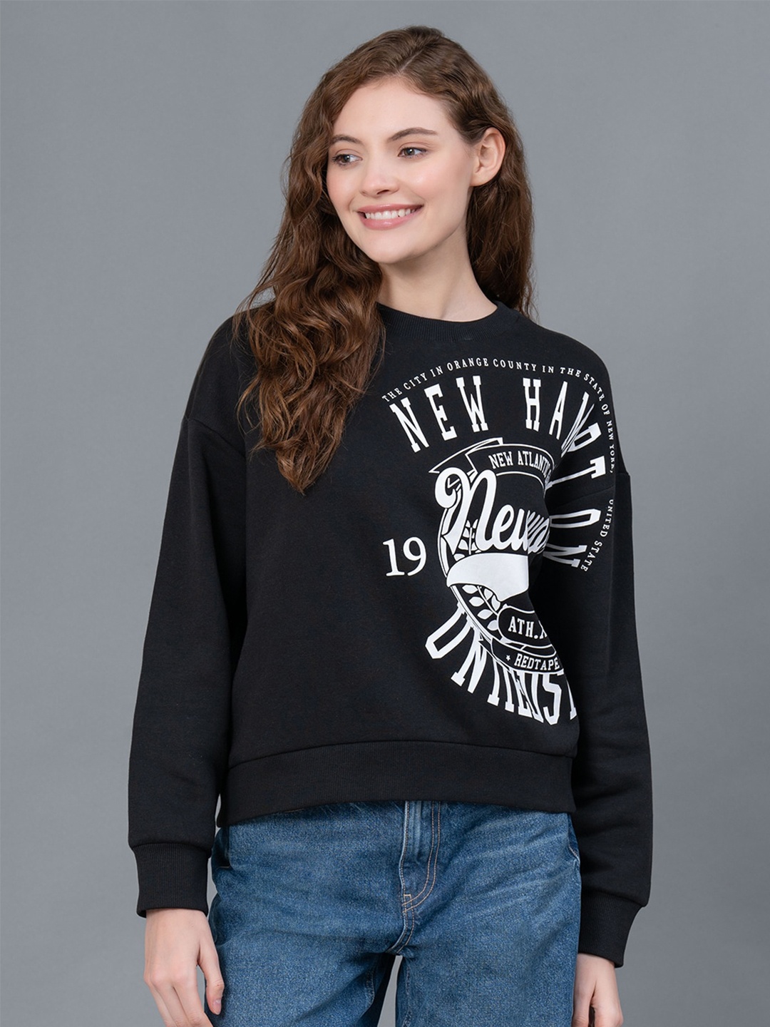 

Red Tape Poly Fleece Round Neck Drop Shoulder Sleeves Sweatshirt, Black