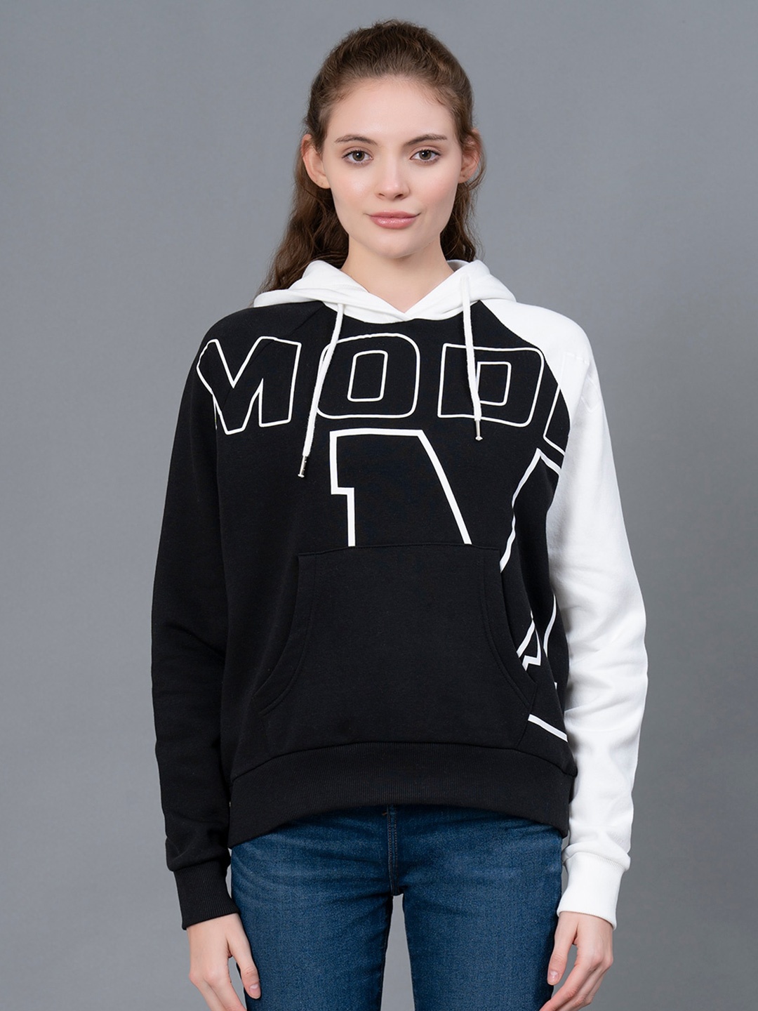 

Red Tape Colourblocked Hooded Raglan Sleeves Pullover Sweatshirt, Black