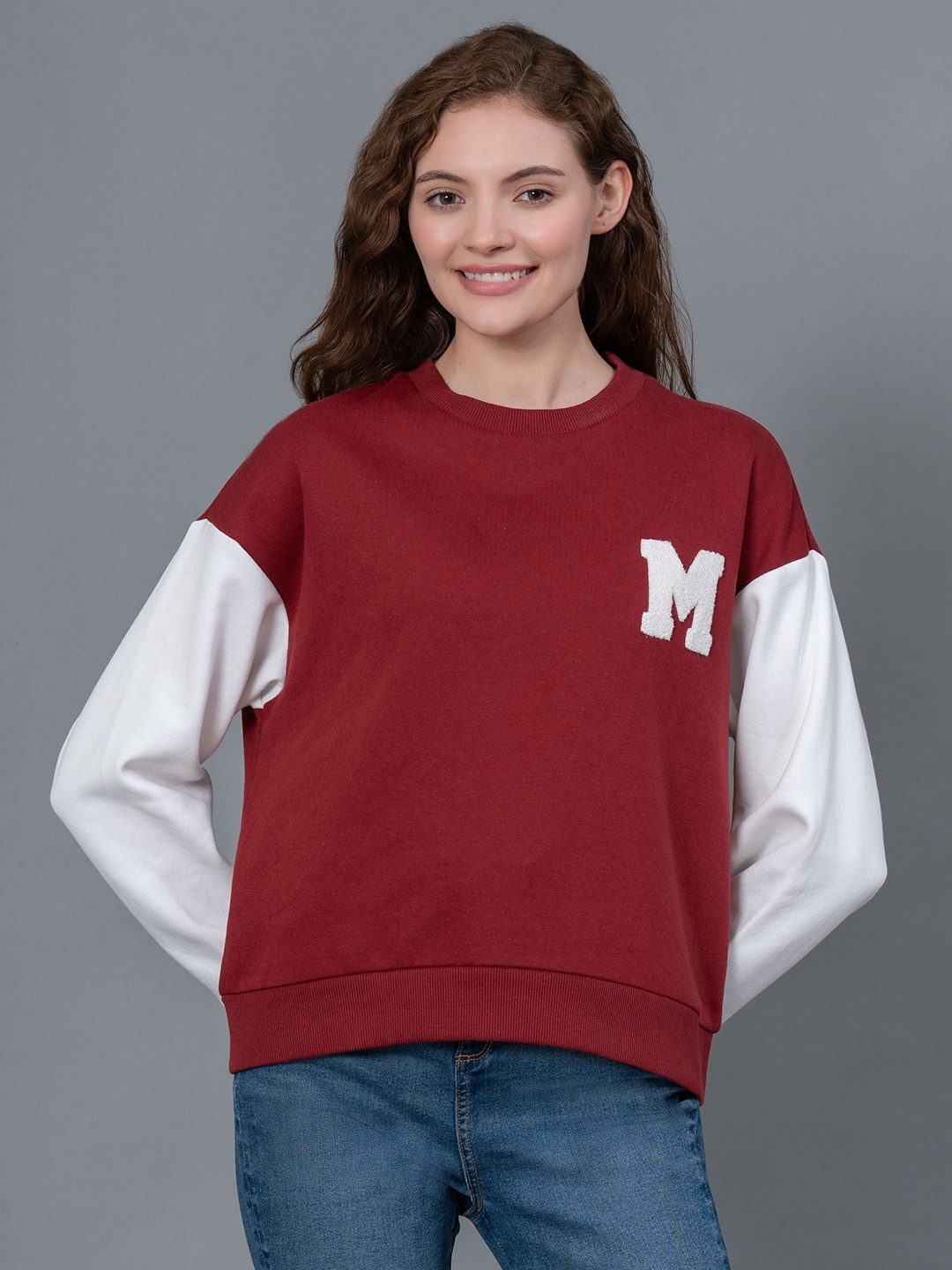 

Red Tape Drop Shoulder Sleeves Cotton Poly Fleece Pullover Sweatshirt, Maroon