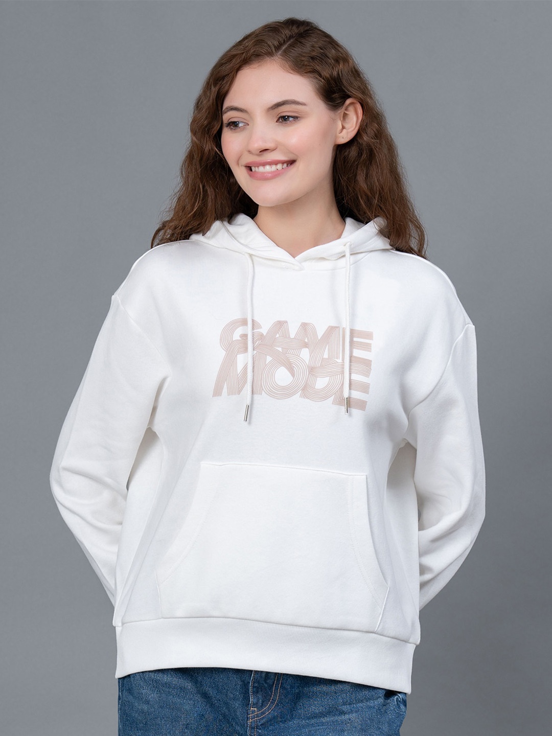 

Red Tape Typography Printed Cotton Poly Fleece Hooded Pullover Sweatshirt, Off white