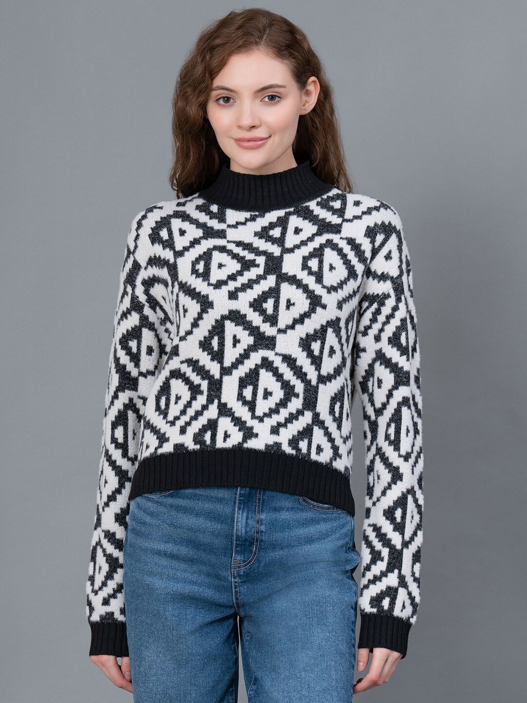 

Red Tape Geometric Printed Turtle Neck Nylon Pullover, Black