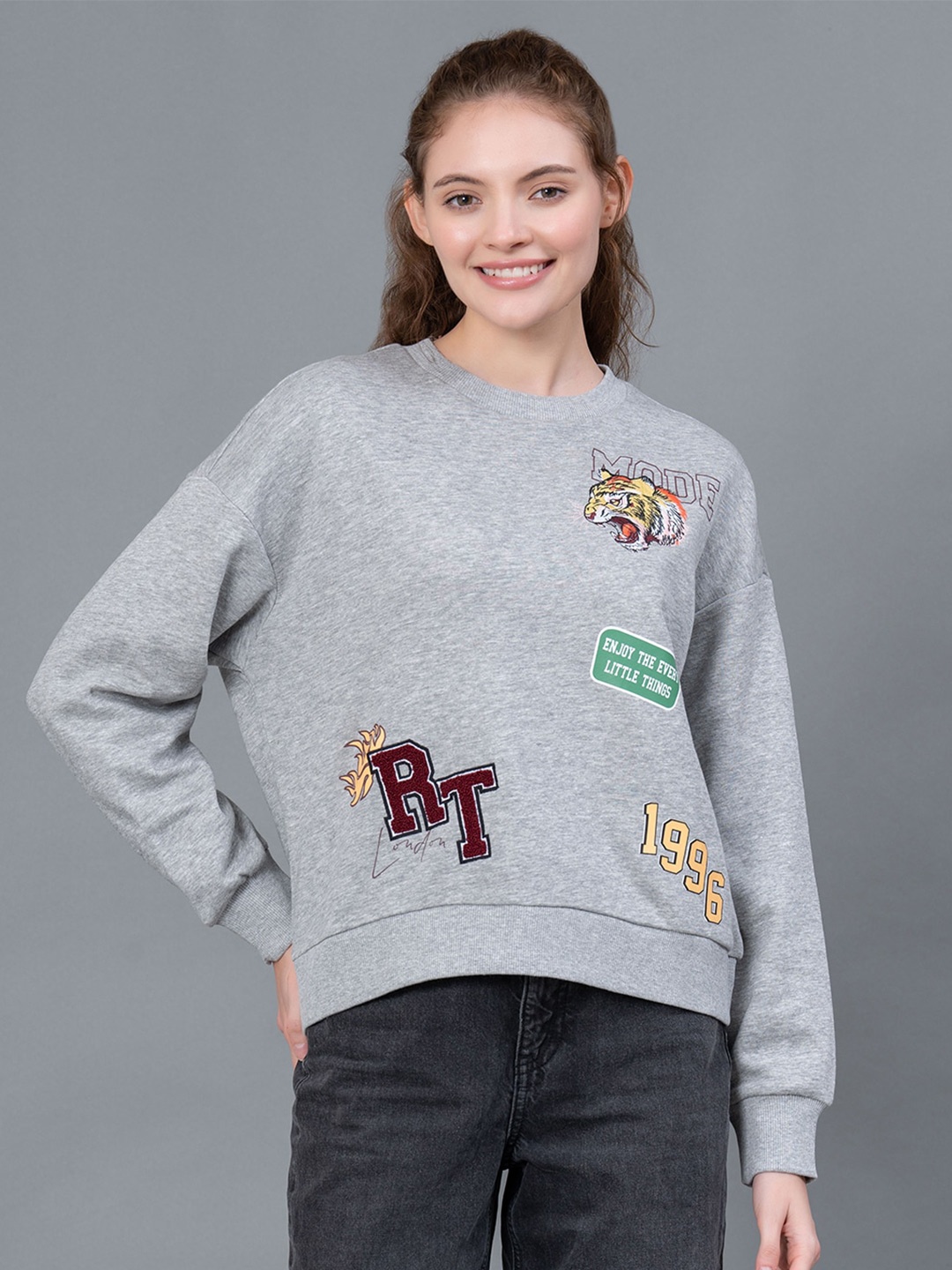 

Red Tape Graphic Printed Fleece Pullover Sweatshirt, Grey melange
