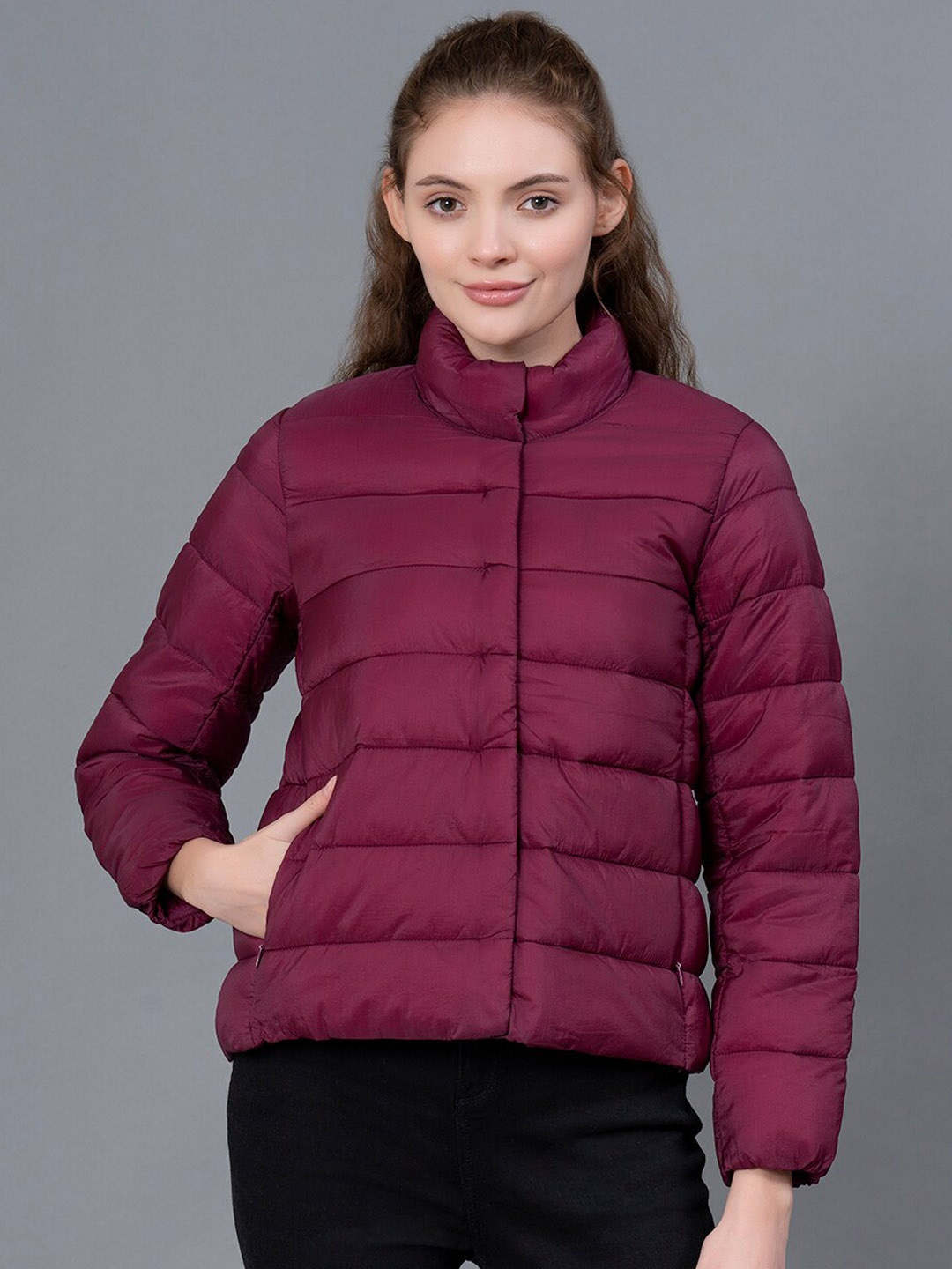 

Red Tape Mock Collar Long Sleeve Zip Detail Puffer Jacket, Purple
