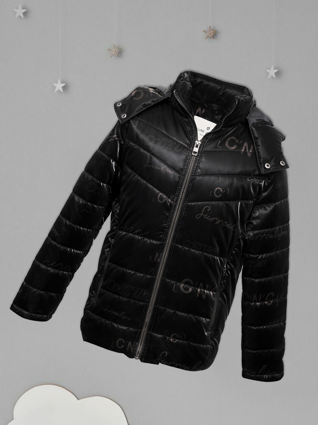 

LURE JUNIOR Boys Typography Printed Hooded Puffer Jacket, Black