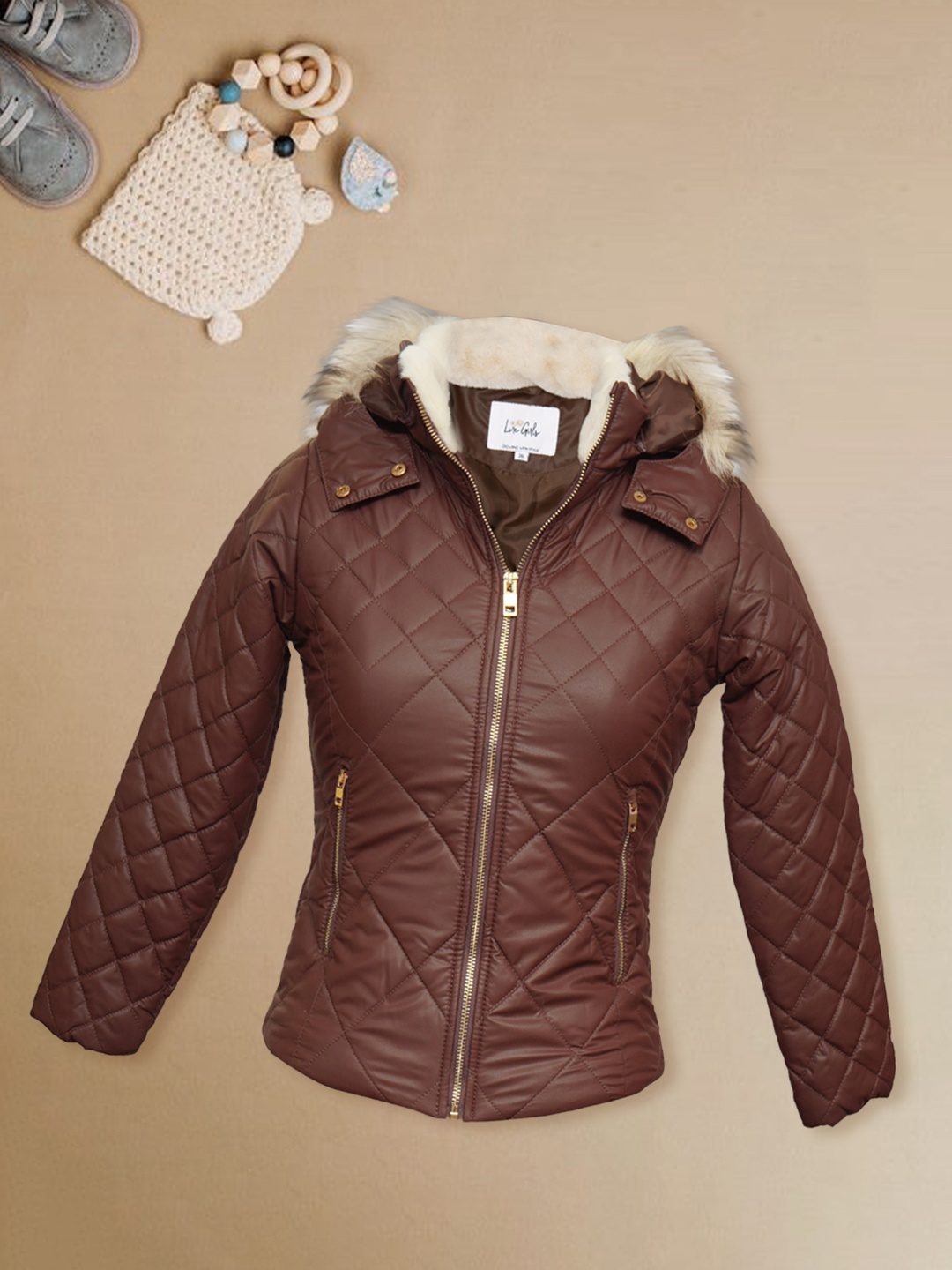 

LURE JUNIOR Girls Hooded Quilted Jacket With Faux Fur Trim, Brown