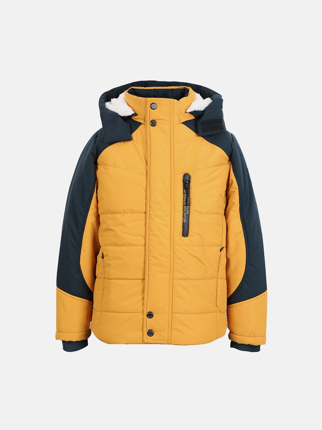 

LURE JUNIOR Boys Colourblocked Hooded Puffer Jacket with Patchwork, Mustard