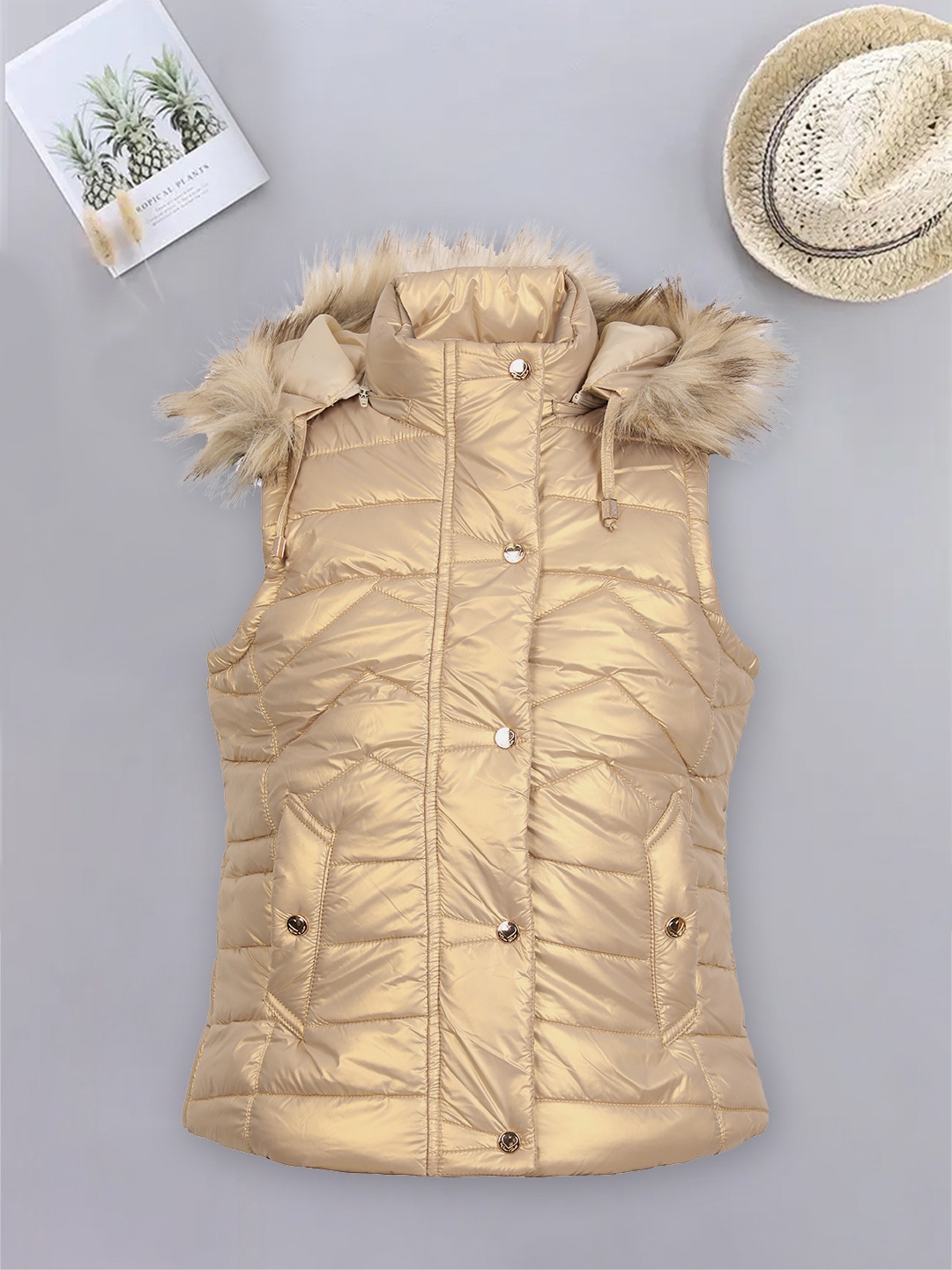 

LURE JUNIOR Girls Hooded Padded Jacket With Faux Fur Trim, Gold