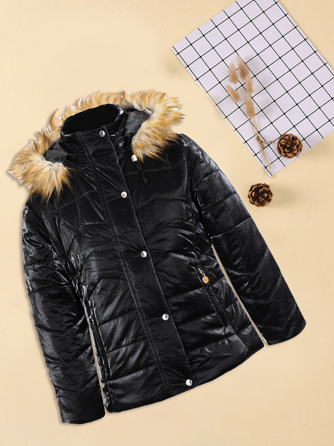 

LURE JUNIOR Girls Hooded Faux Fur Trim Detail Longline Puffer Jacket, Black