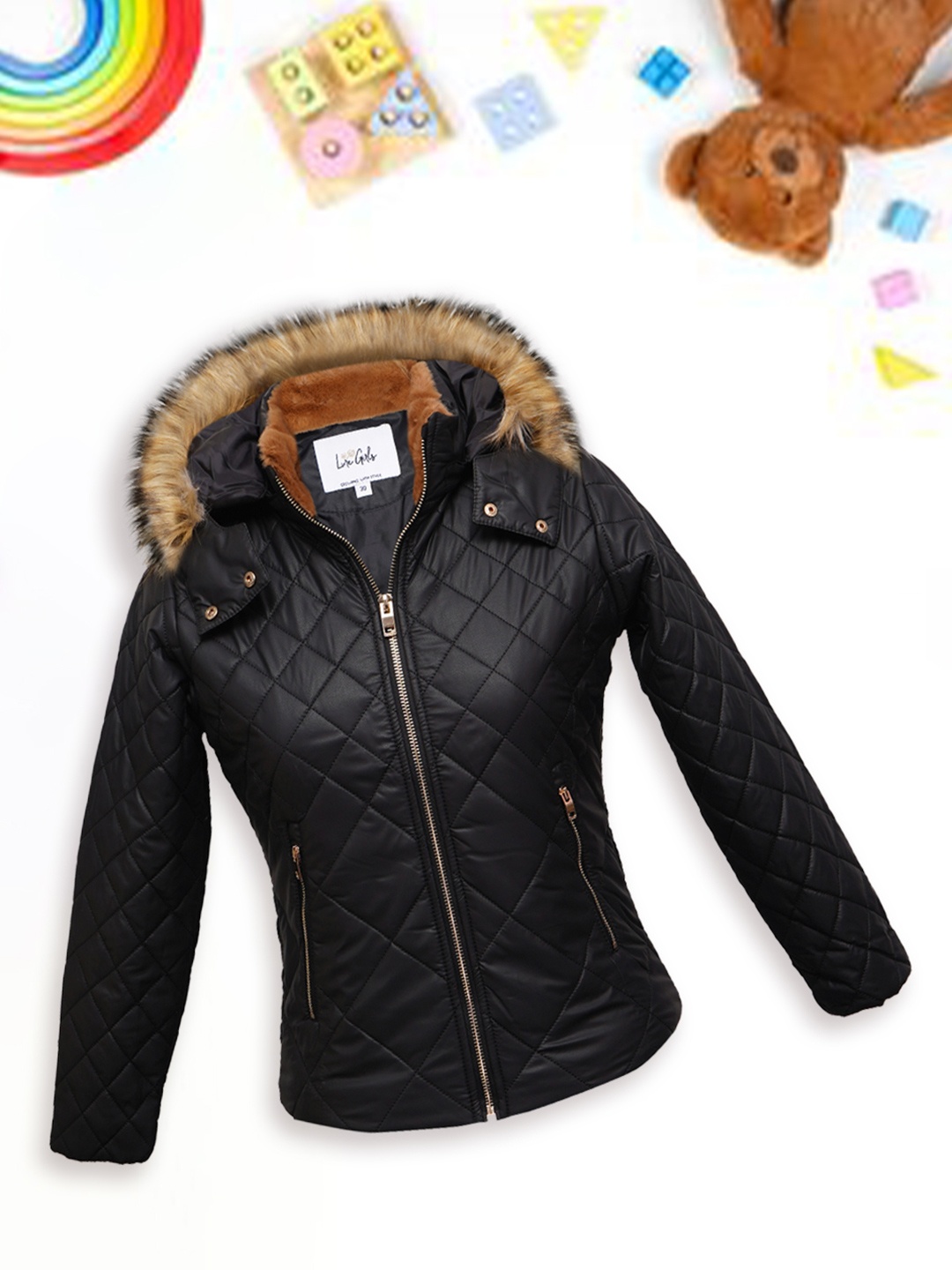 

LURE JUNIOR Girls Hooded Quilted Jacket With Faux Fur Trim, Black