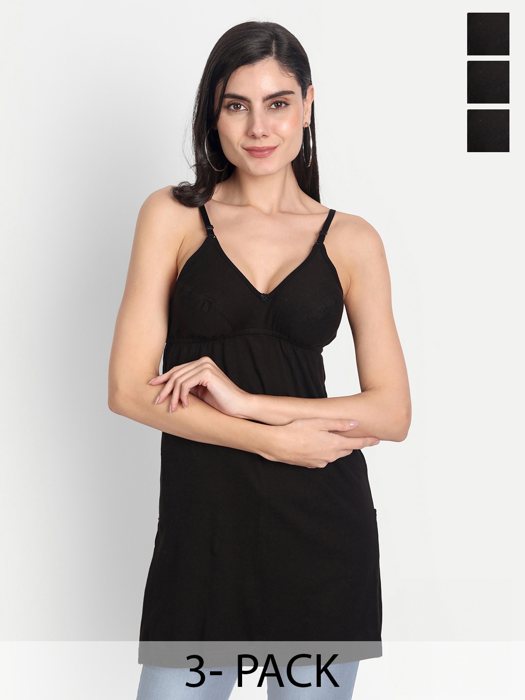 

Aimly Pack Of 3 Cotton Long Camisoles, Black