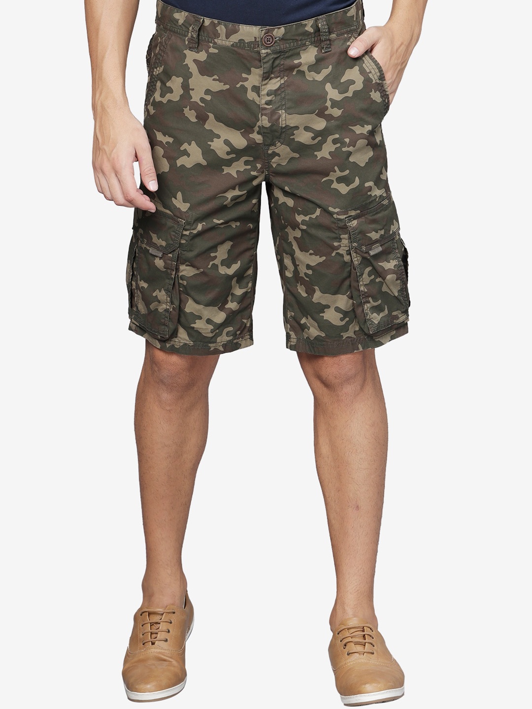 

t-base Men Camouflage Printed Cotton Cargo Shorts, Olive