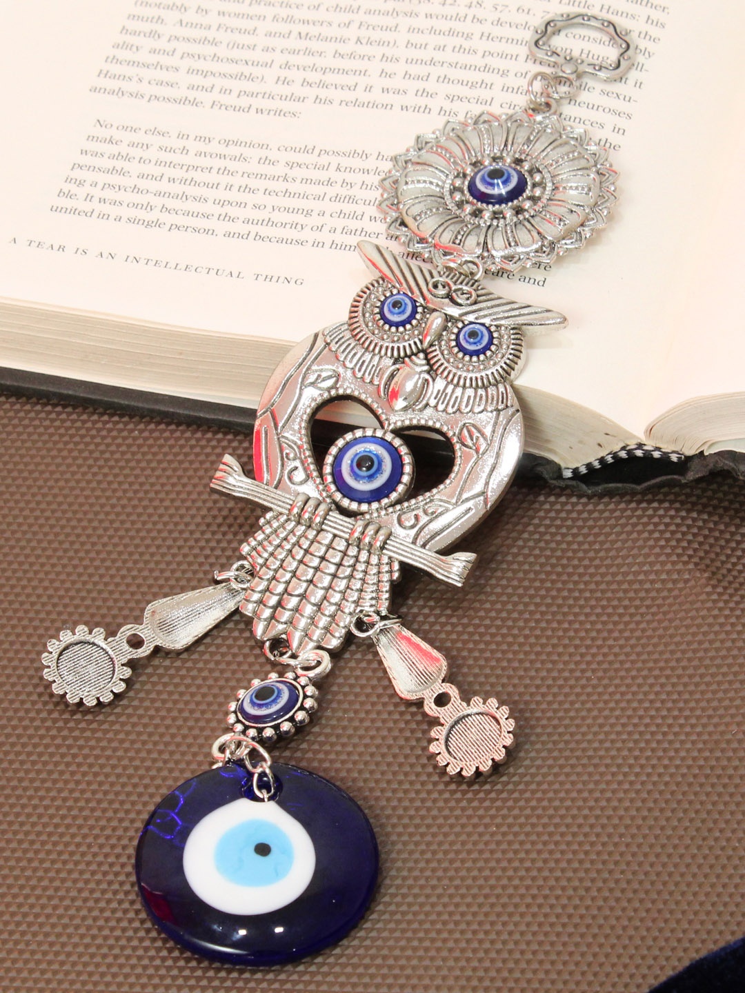 

TIED RIBBONS Silver Toned & Blue Owl Evil Eye Door Wall Hanging