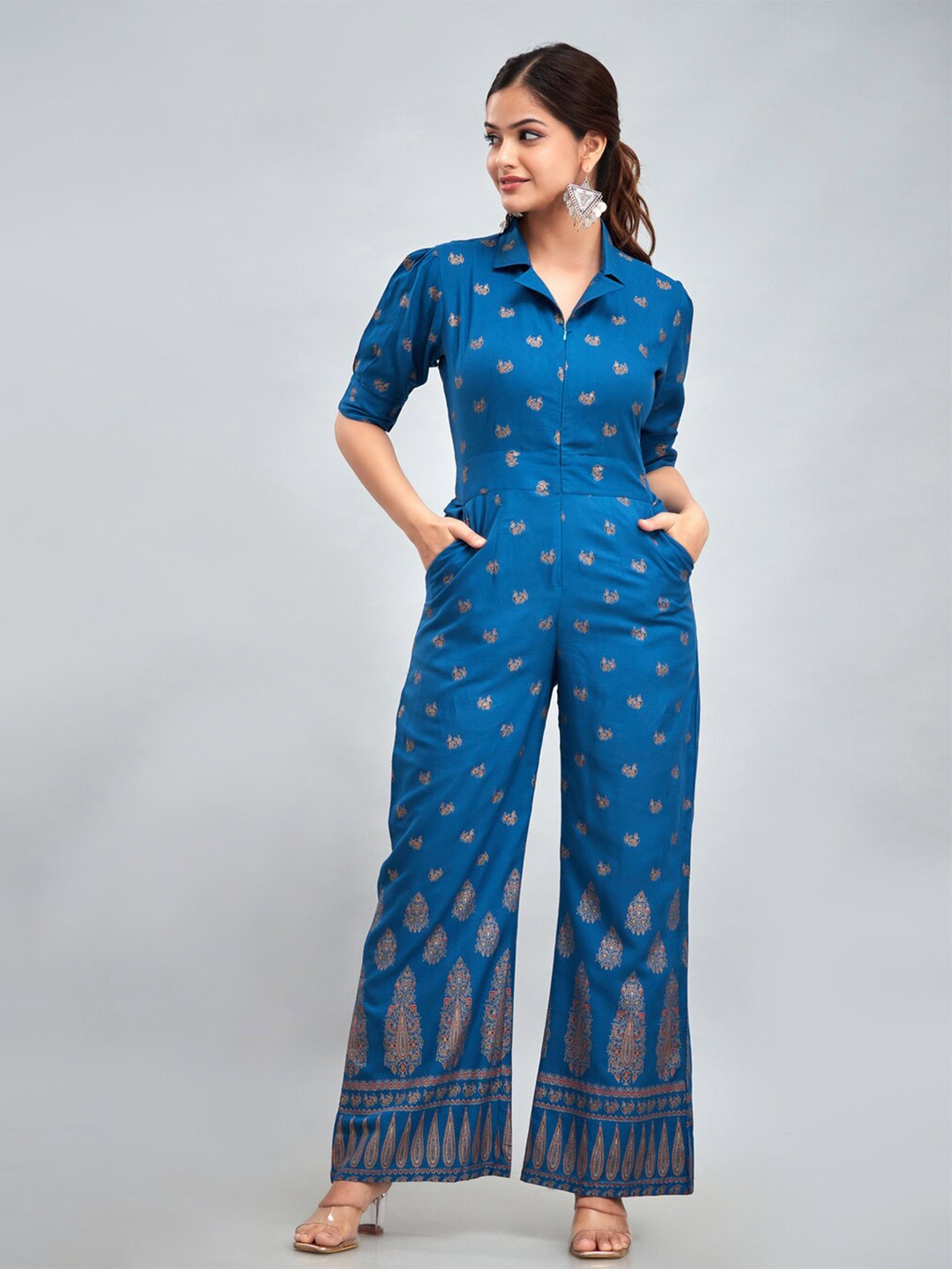 

DRESSAR Ethnic Motifs Printed Basic Jumpsuit, Blue