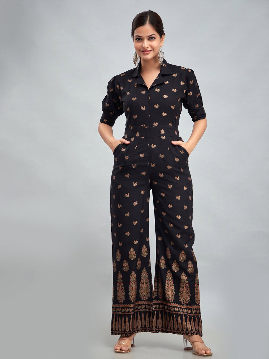 

DRESSAR Printed Shirt Collar Basic Jumpsuit, Black