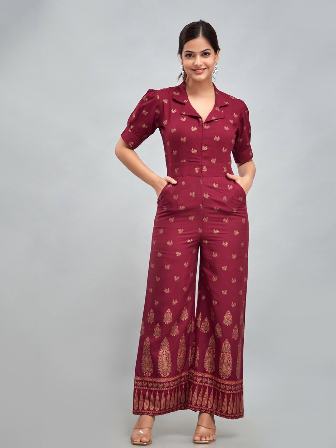 

DRESSAR Printed Shirt Collar Basic Jumpsuit, Maroon