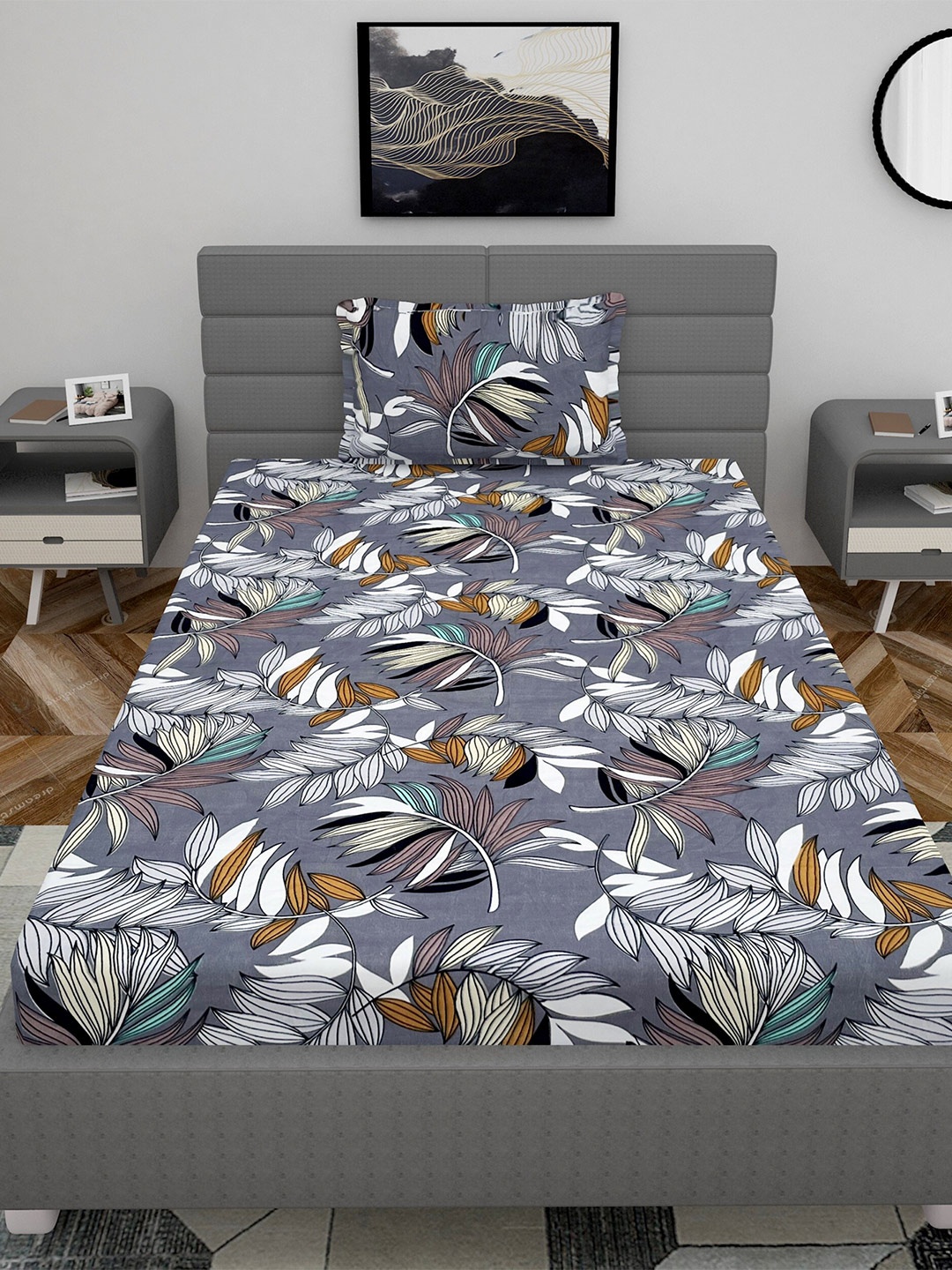 

Stylespace by Isha Grey & White Floral 250 TC Single Fitted Bedsheet with 1 Pillow Cover