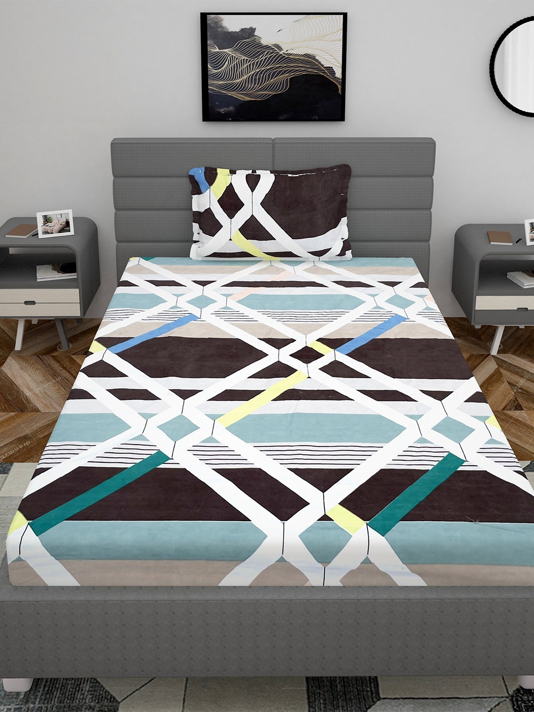 

Stylespace by Isha White & Blue 250 TC Single Fitted Bedsheet with 1 Pillow Cover