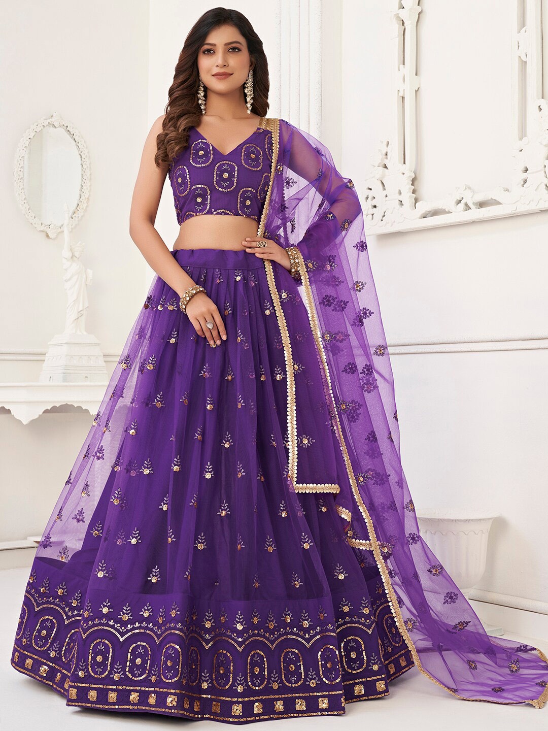 

FABPIXEL Floral Embroidered Sequinned Semi-Stitched Net Lehenga Choli With Dupatta, Purple