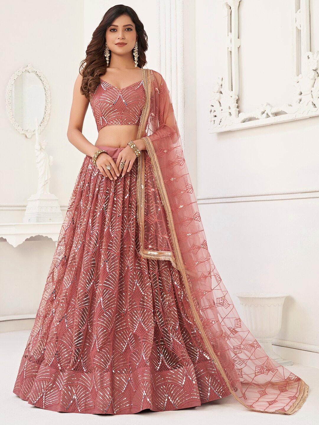 

FABPIXEL Embroidered Sequinned Semi-Stitched Lehenga & Unstitched Blouse With Dupatta, Mauve