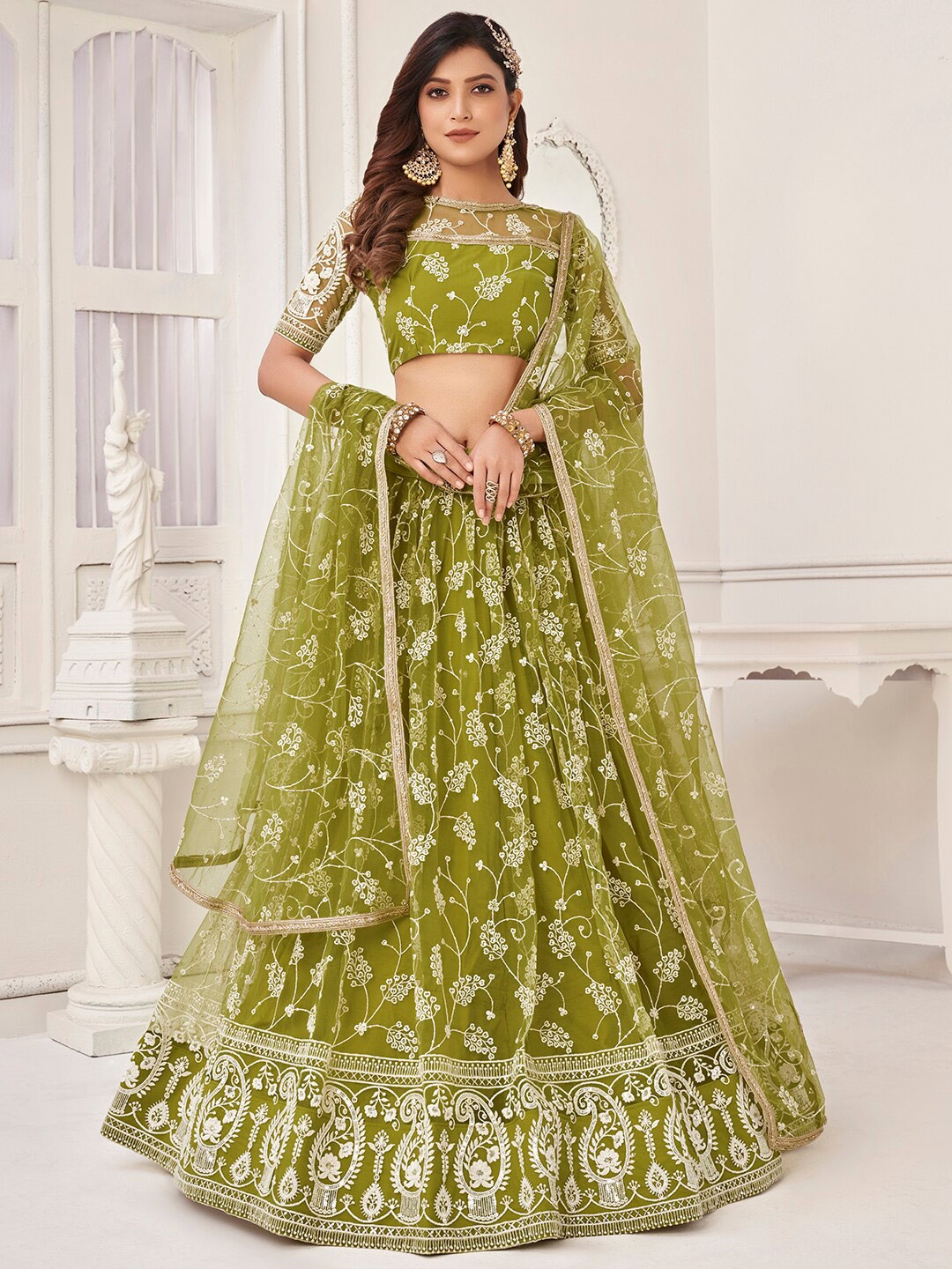 

FABPIXEL Embroidered Sequinned Semi-Stitched Lehenga Choli With Dupatta, Olive