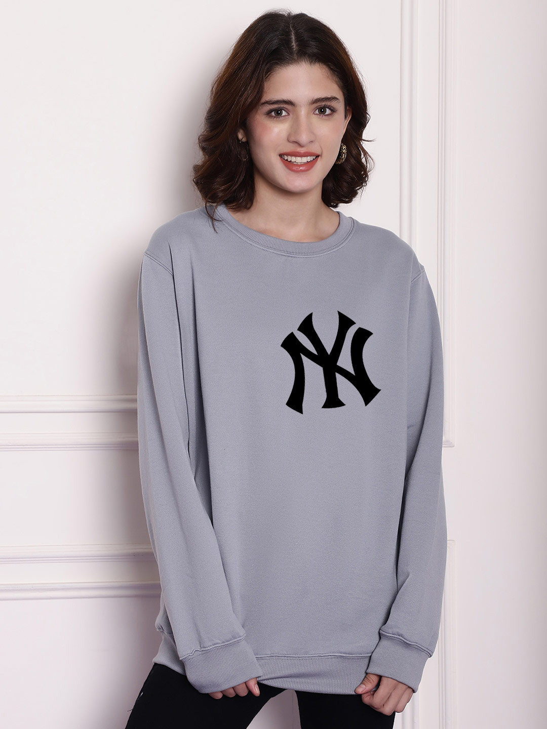 

Imsa Moda Typography Printed Fleece Oversized Long Sleeves Pullover, Grey