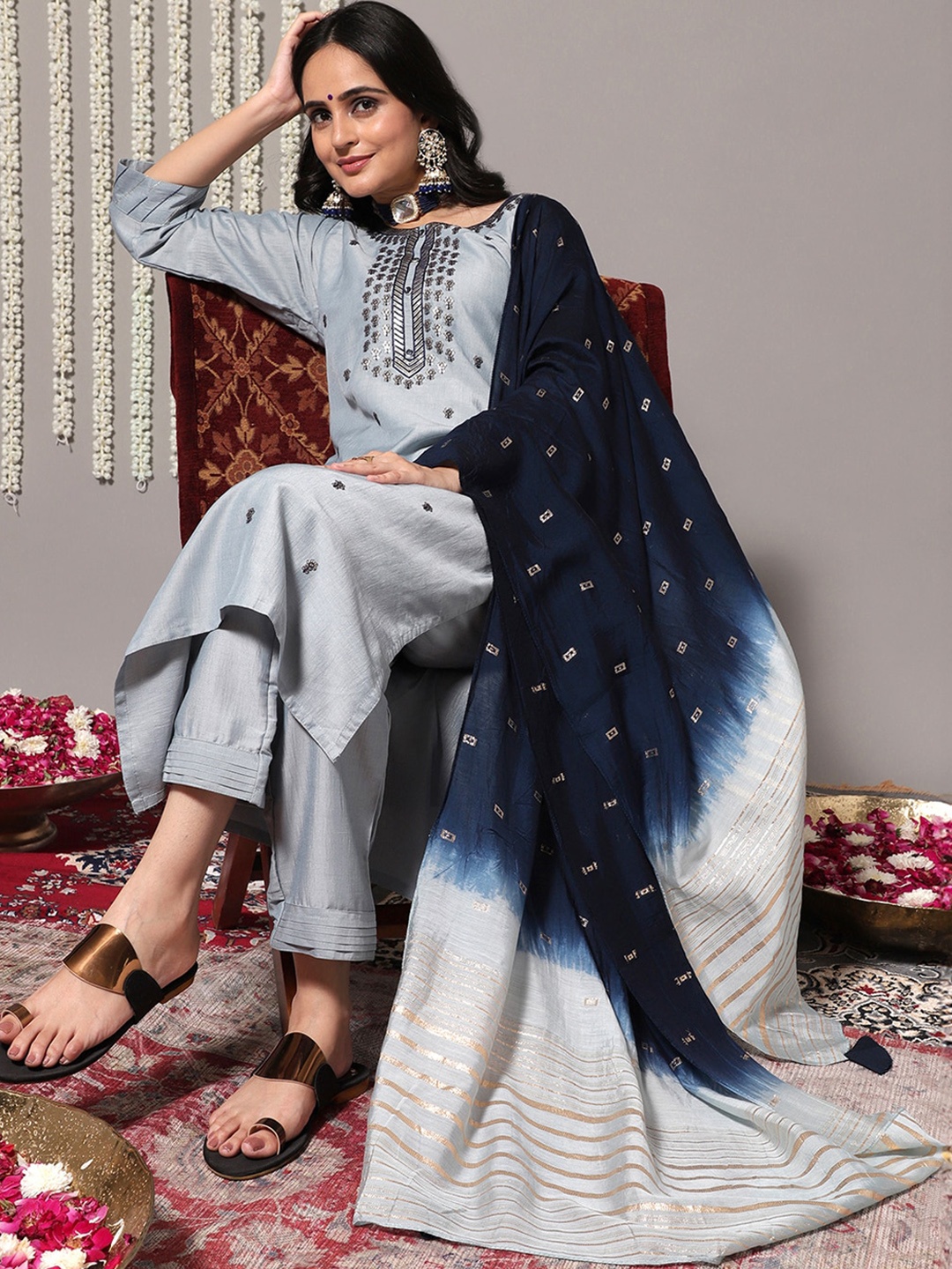 

Varanga Blue Ethnic Motifs Embroidered Kurta With Trousers & Dupatta