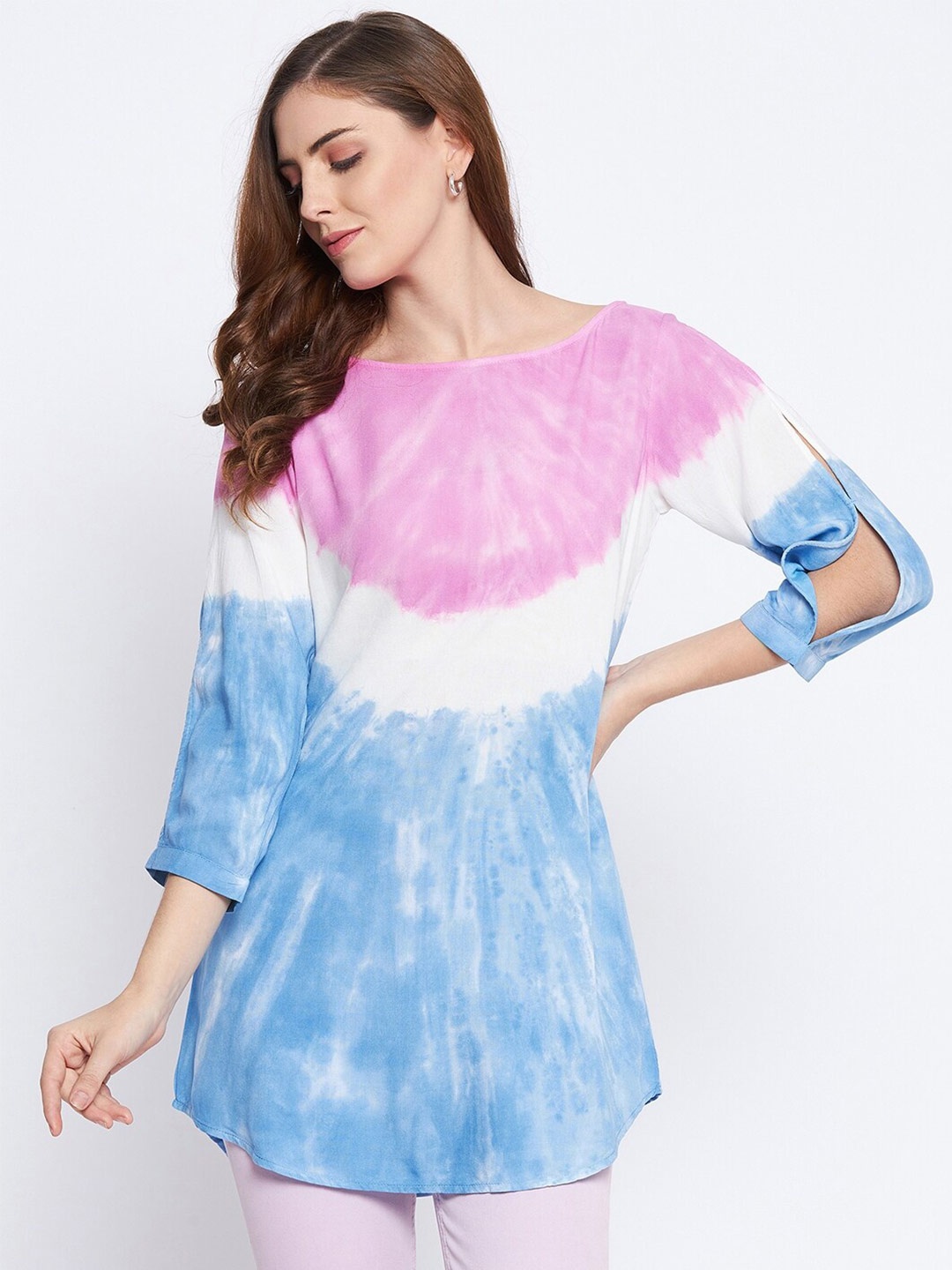 

BAESD Tie & Dye Dyed Cuffed Sleeves Boat Neck Longline Top, Pink