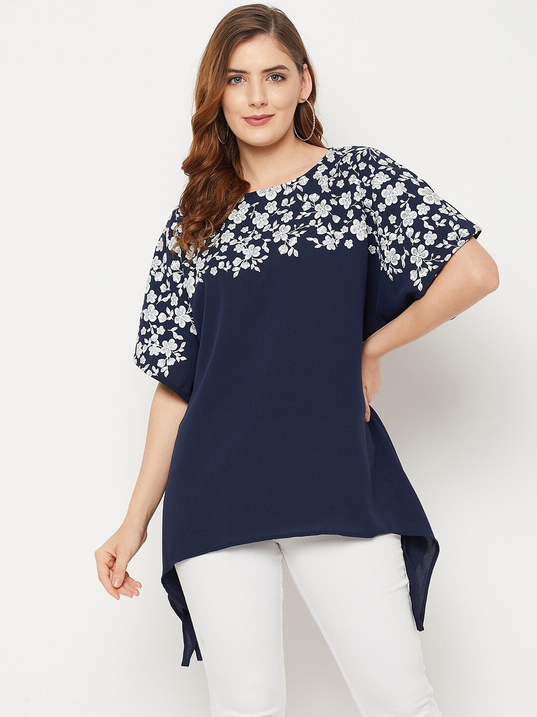 

BAESD Floral Embroidered Flared Sleeves Asymmetric Longline Top, Navy blue