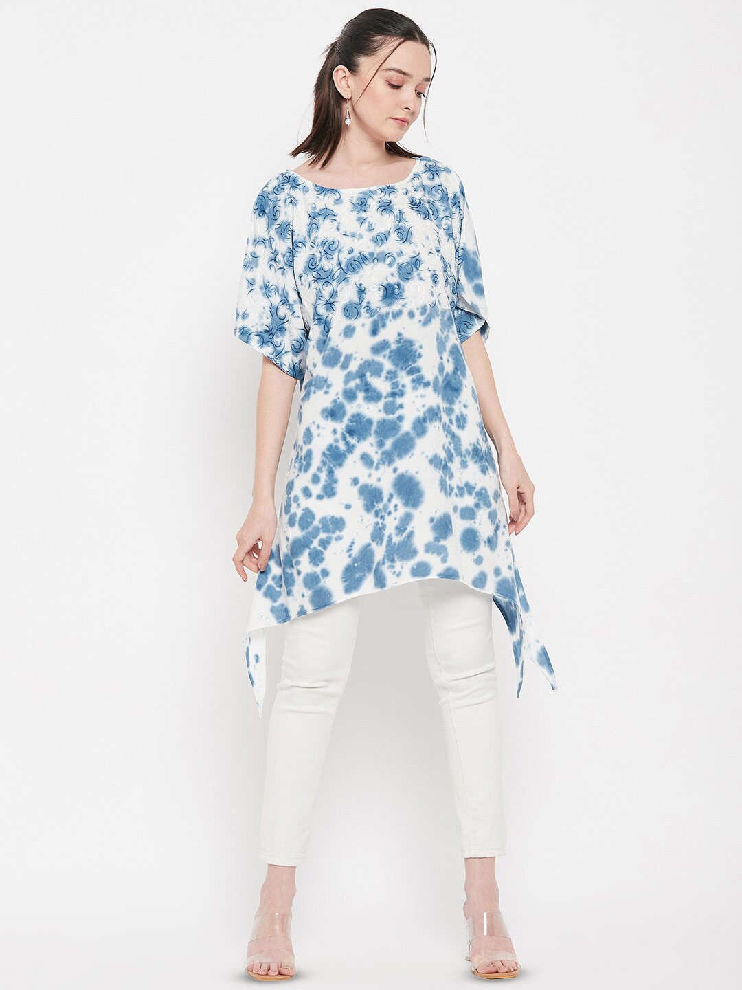 

BAESD Tie & Dye Embroidered Extended Sleeves Longline Top, Blue