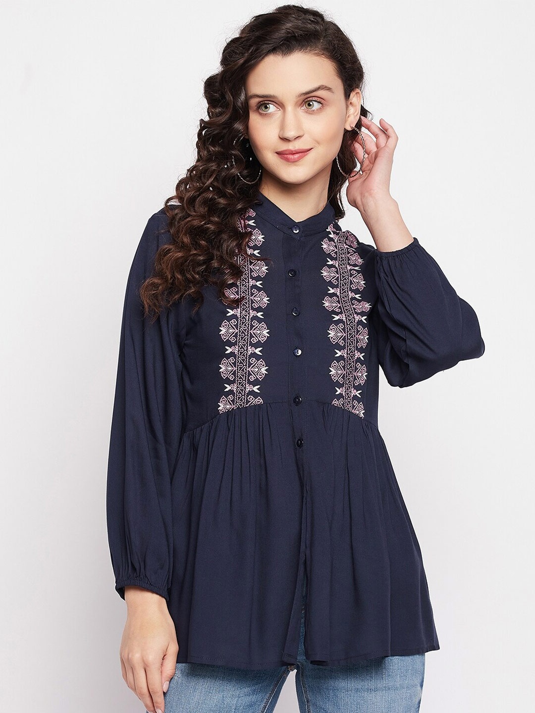 

BAESD Embroidered Mandarin Collar A Line Top, Navy blue