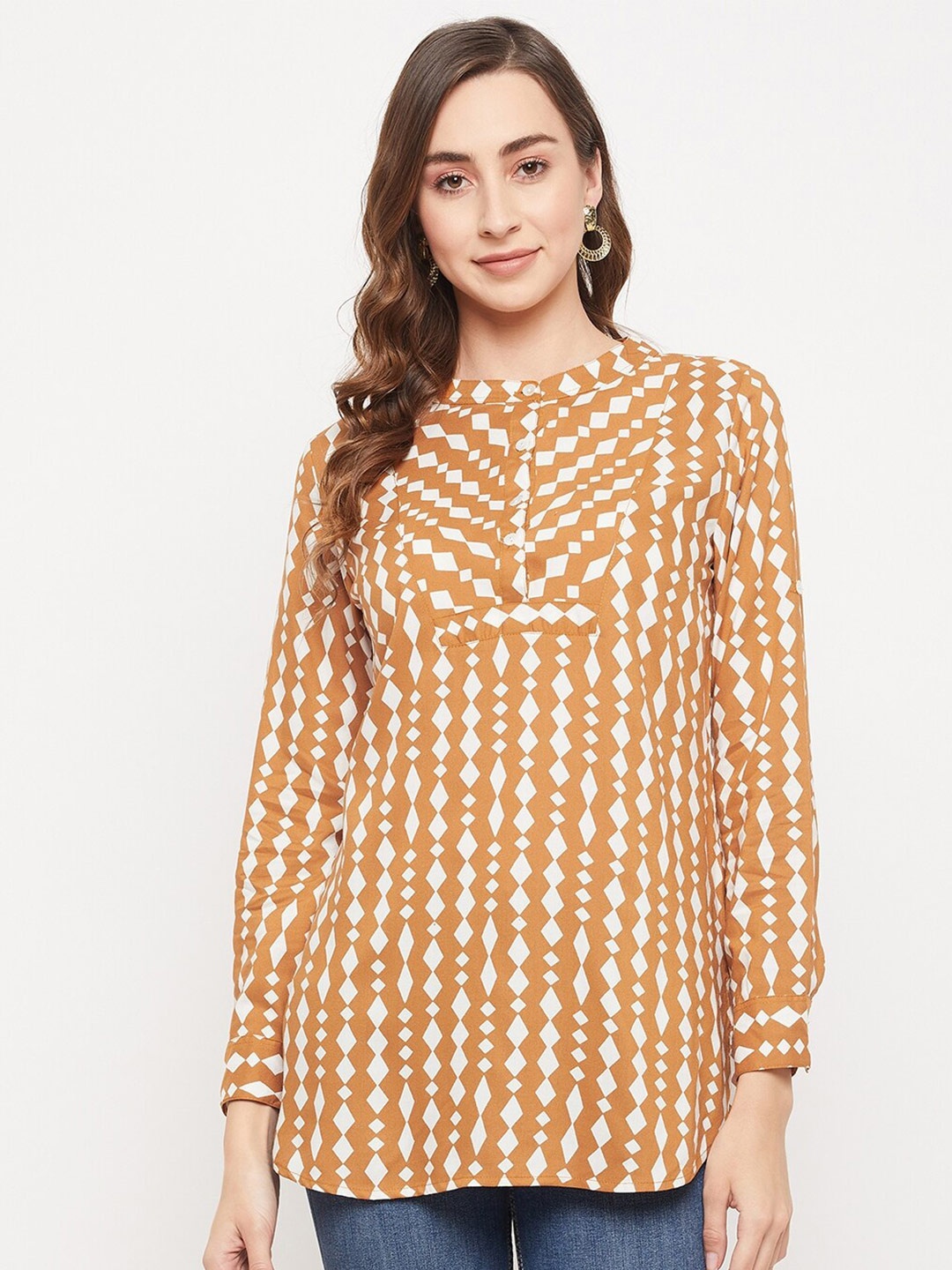 

BAESD Geometric Printed Cuffed Sleeves Top, Mustard