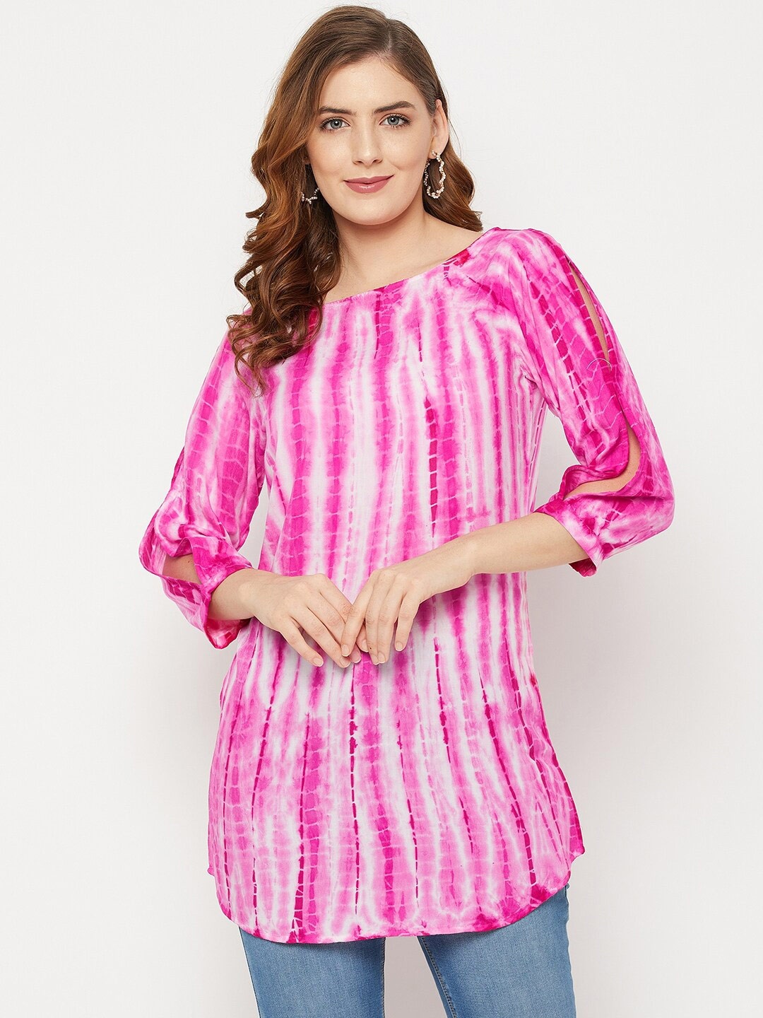 

BAESD Tie & Dye Boat Neck Slit Sleeve Longline Top, Pink