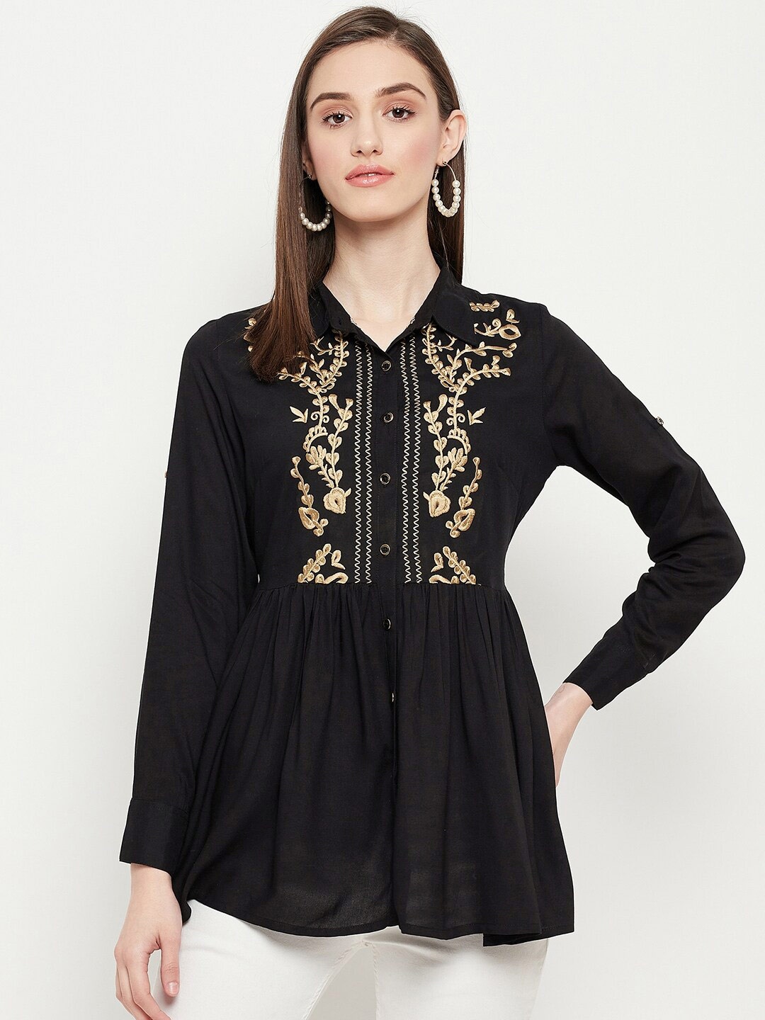 

BAESD Floral Embroidered Gathered Shirt Style Top, Black