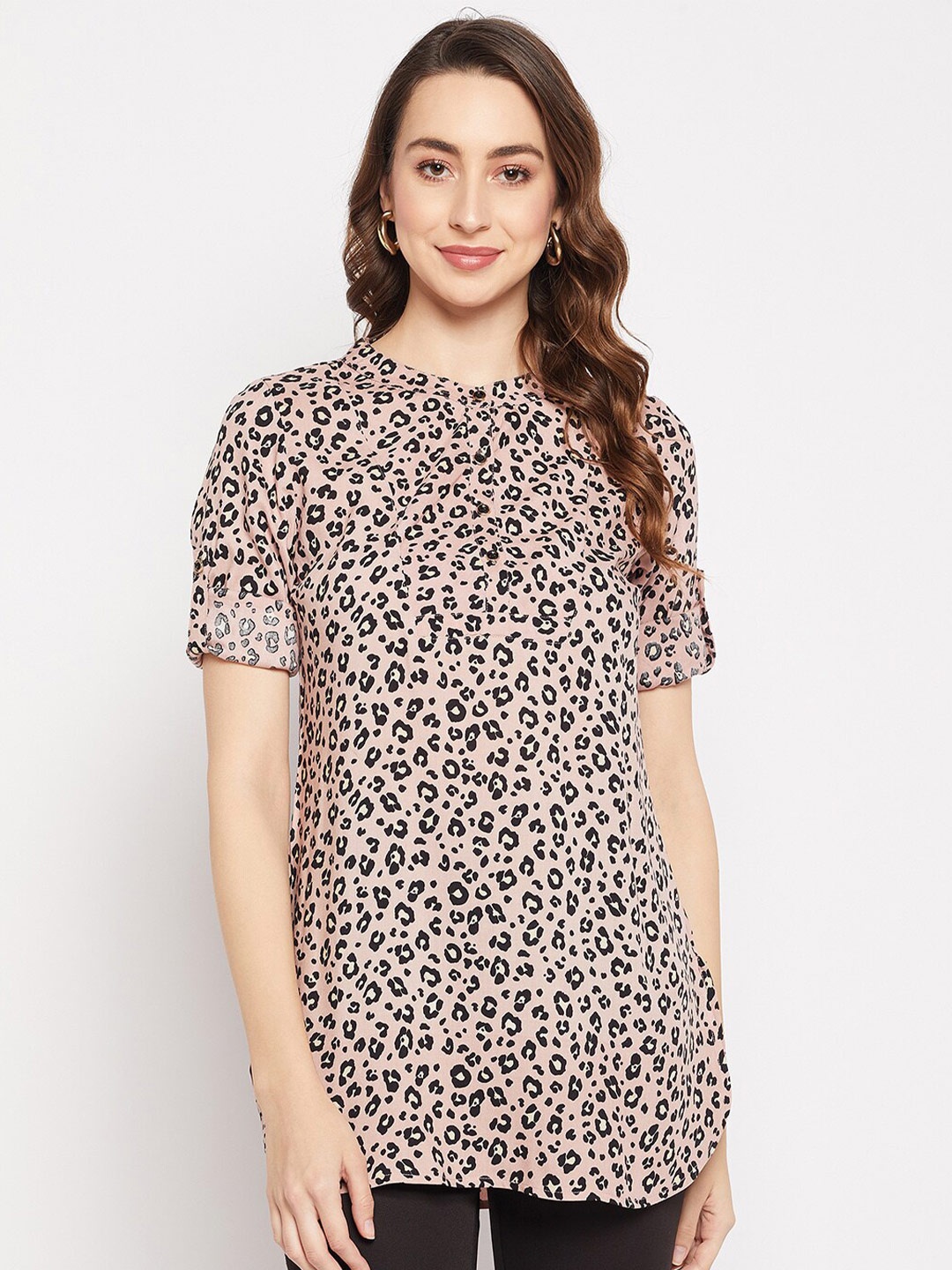 

BAESD Animal Printed Boat Neck Longline Top, Peach