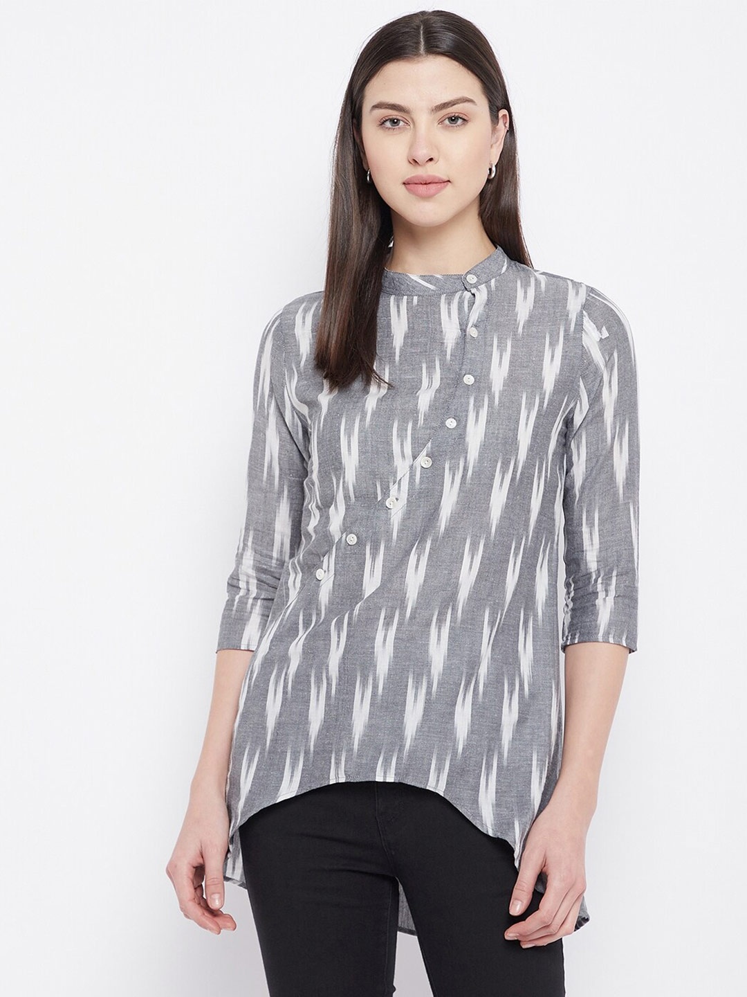 

BAESD Ikkat Print Band Collar Shirt Style Cotton Top, Grey