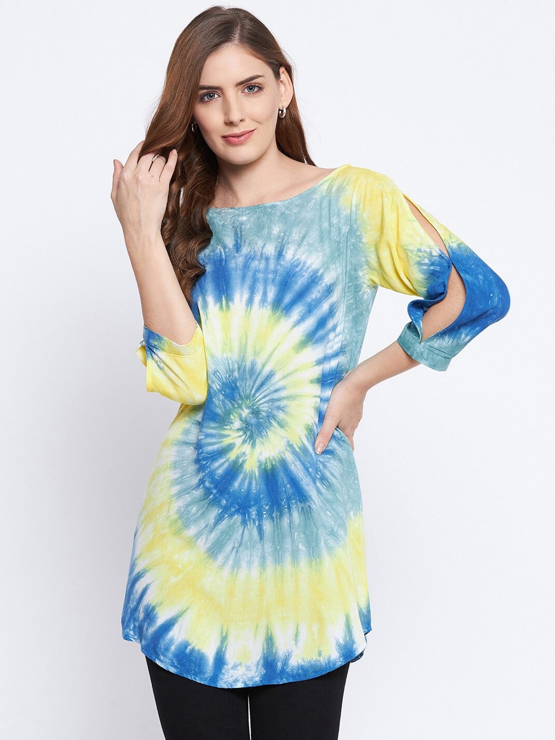 

BAESD Tie & Dye Slit Sleeves Longline Top, Blue