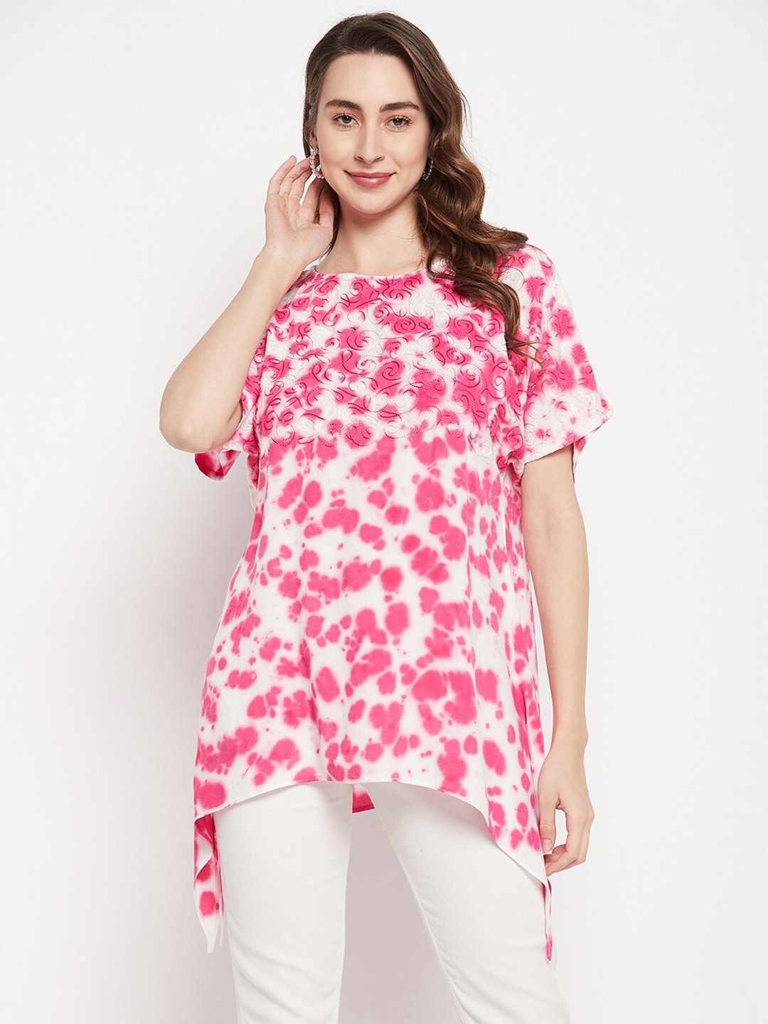 

BAESD Tie & Dye Dyed Flared Sleeves Asymmetric Longline Top, Pink