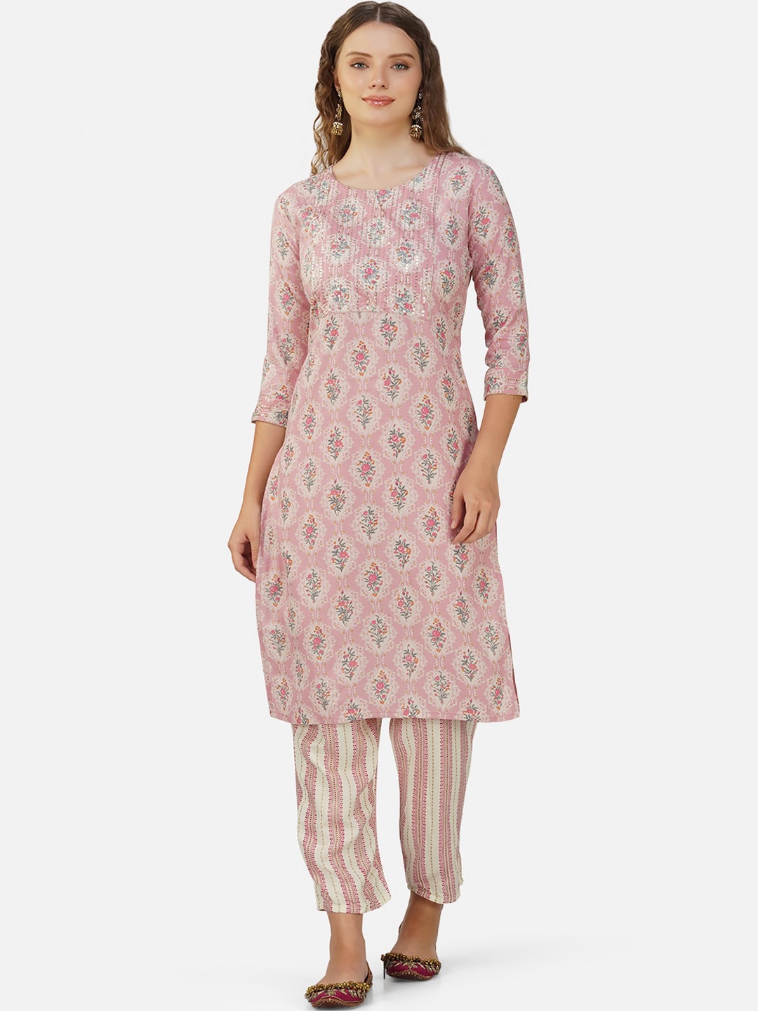 

Charitra Floral Printed Sequinned Kurta with Trousers, Pink
